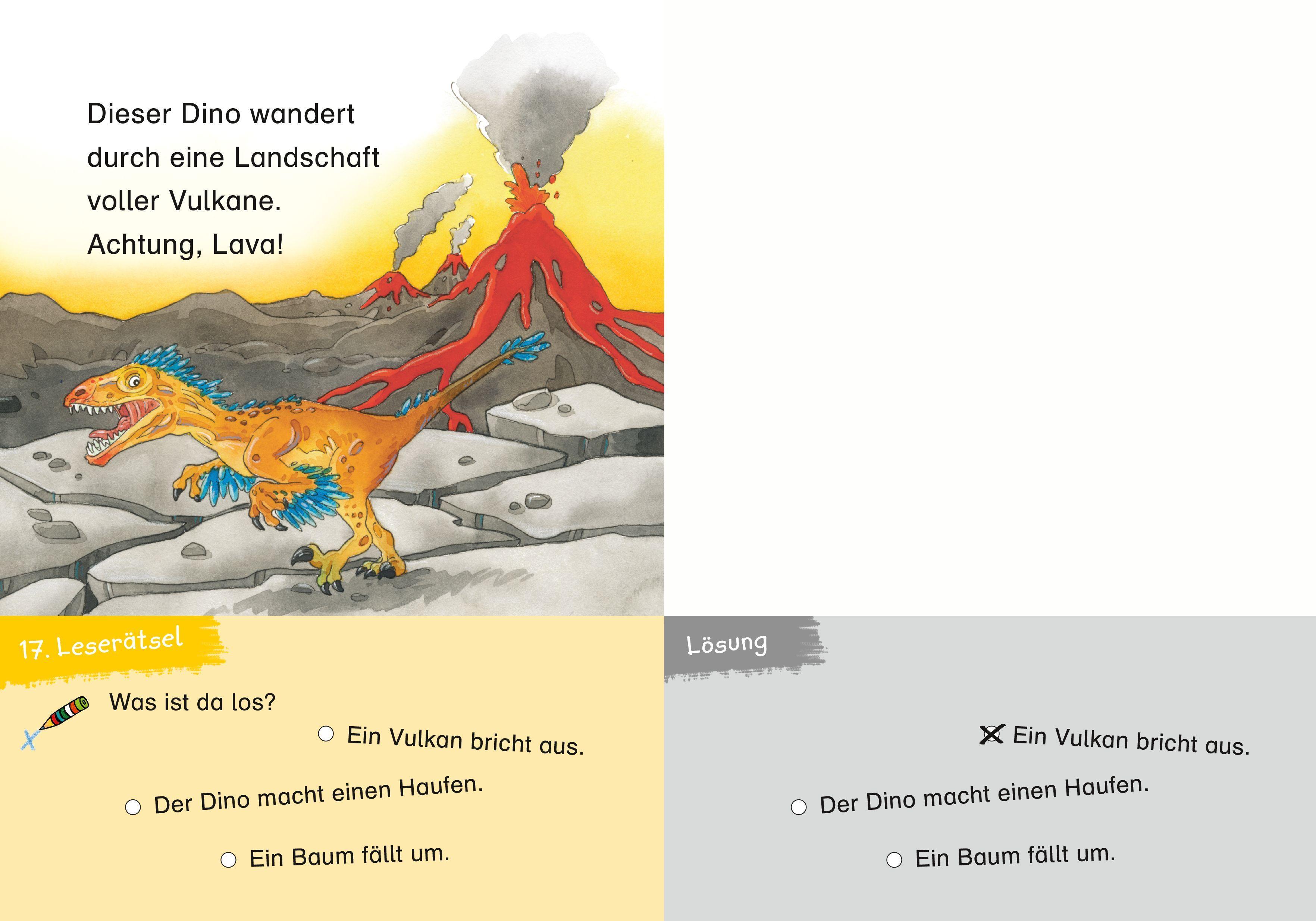 Beispielinhalt (Bild) Duden Leseprofi - 3-Minuten-Leserätsel für Erstleser: Vorsicht, Dinos!