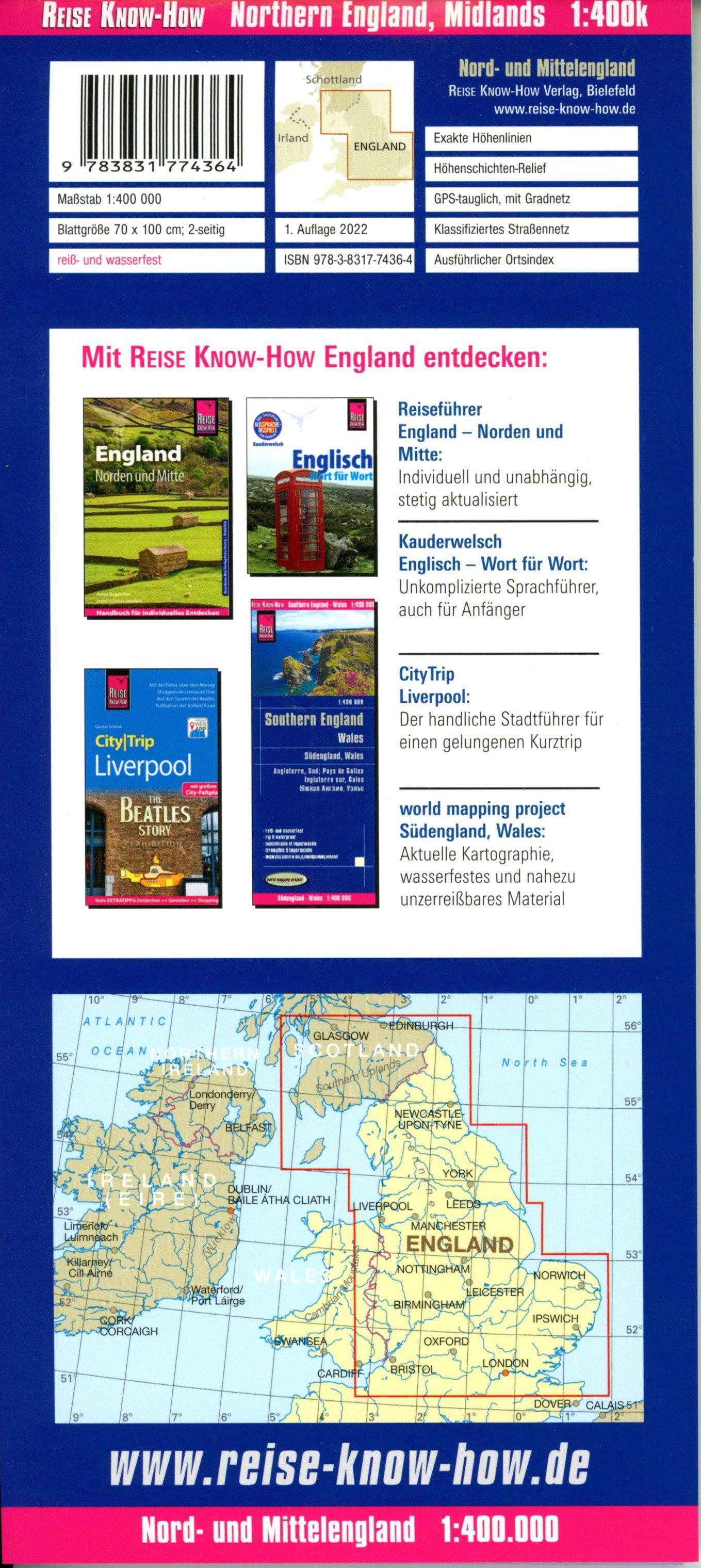 Beispielinhalt (Bild) Reise Know-How Landkarte Nord- und Mittelengland / Northern England & the Midlands (1:400.000)