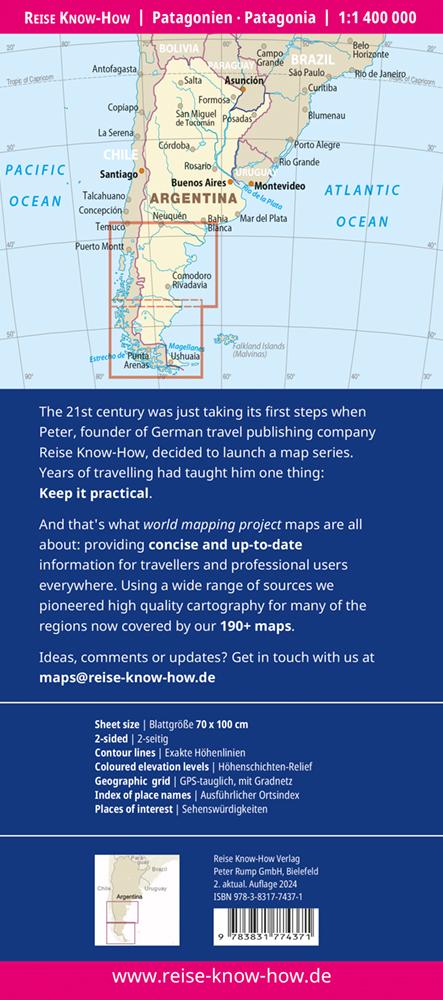 Rückseitencover Reise Know-How Landkarte Patagonien, Feuerland / Patagonia, Tierra del Fuego (1:1.400.000)