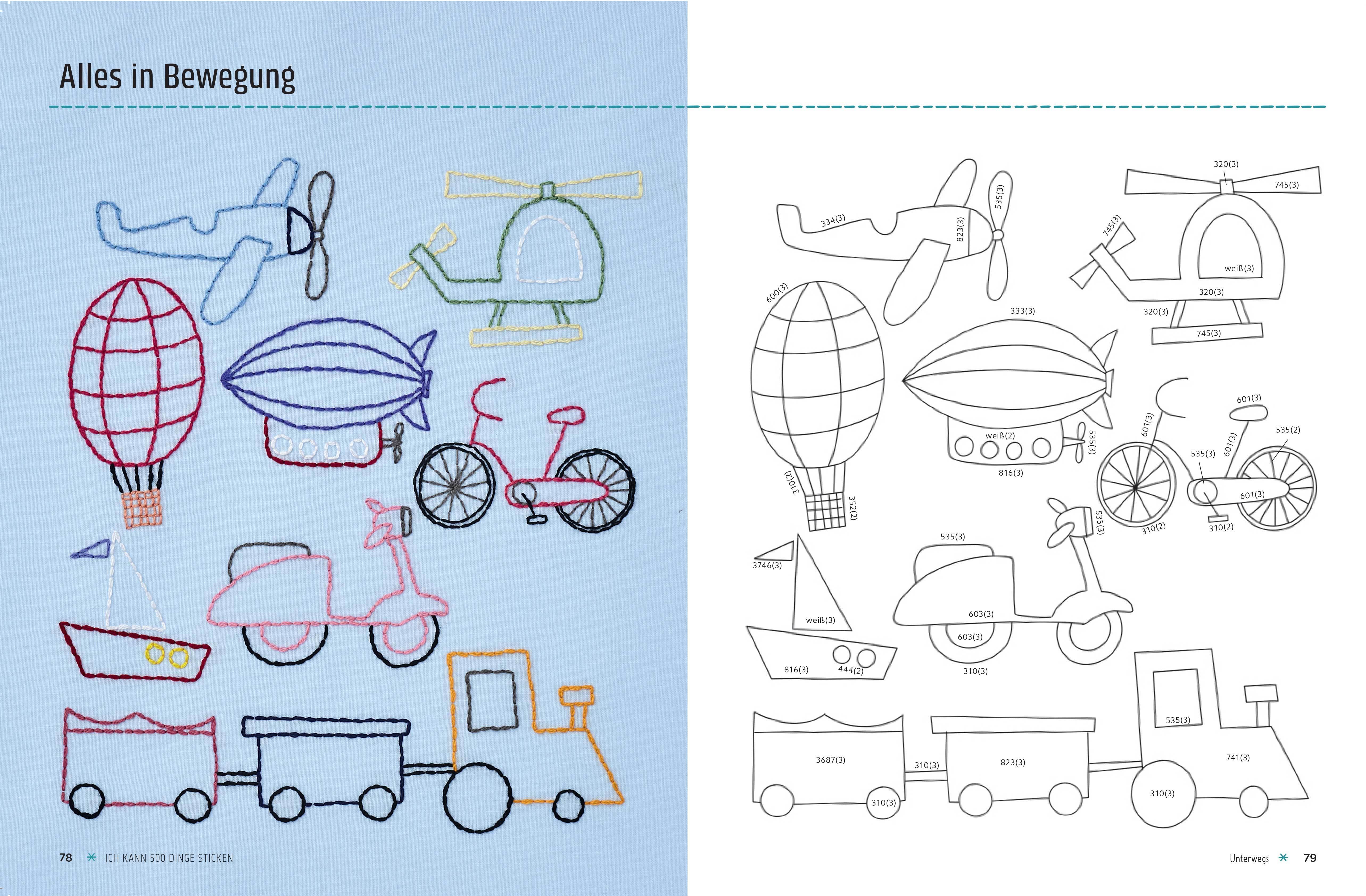 Beispielinhalt (Bild) Ich kann 500 Dinge sticken. Witzige, süße, coole und freche Motive. Ganz einfach Schritt für Schritt nachzusticken. Blumen, Blüten, Blätter, Tiere, Logos, Schriften, Schmuckelemente u.v.m. Ideal für Kinder und Anfänger