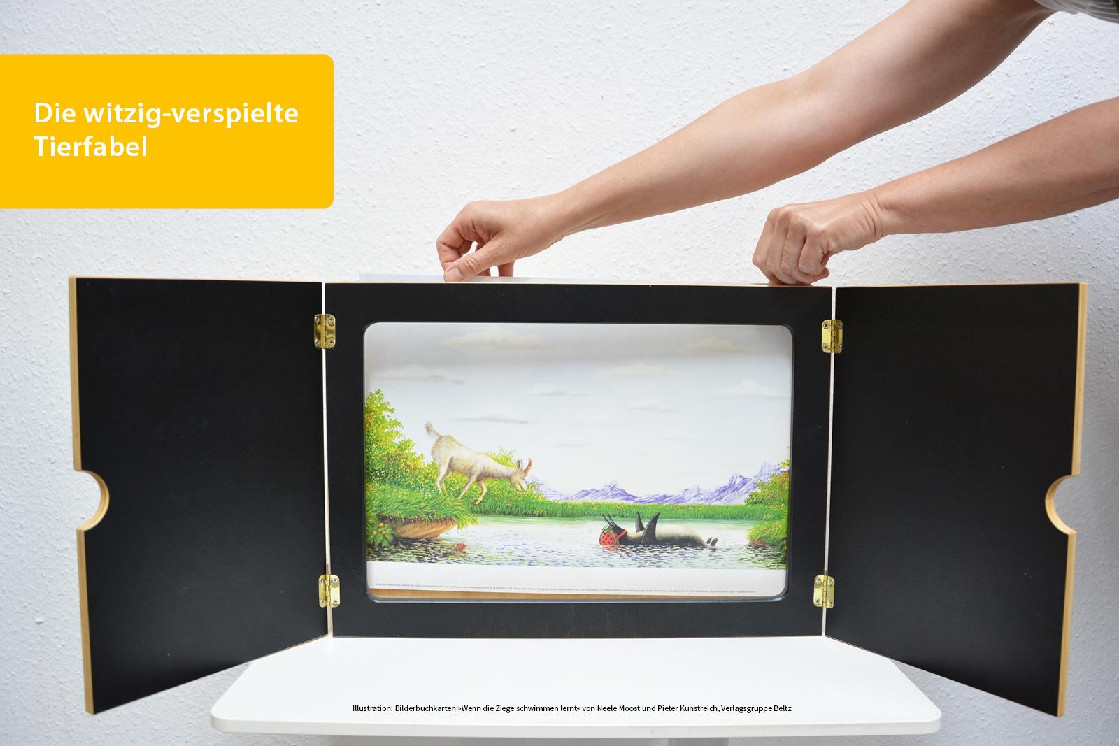 Beispielinhalt (Bild) Bilderbuchkarten »Wenn die Ziege schwimmen lernt« von Neele Moost und Pieter Kunstreich