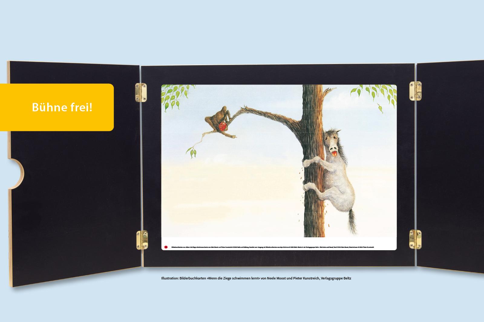 Beispielinhalt (Bild) Bilderbuchkarten »Wenn die Ziege schwimmen lernt« von Neele Moost und Pieter Kunstreich