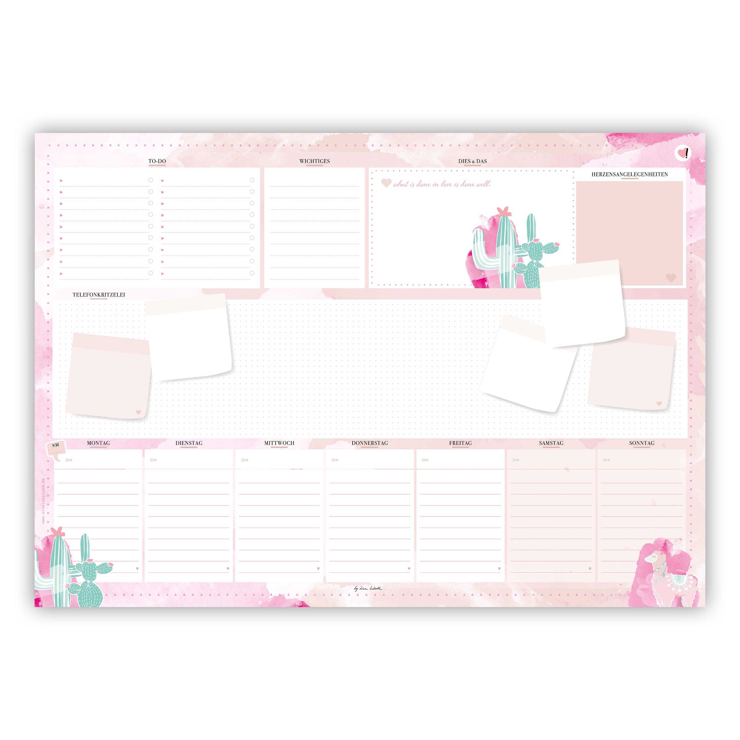 Vorderes Coverbild Rosa Schreibtischunterlage in DIN A2 aus Papier zum Abreißen. Mit Kaktus und Alpaka Motiv. Design in rosa und pinkem Aquarell, besonders für Frauen, Mädchen und Teenager. Schreibunterlage mit 50 Blatt zum Abreißen. Stay Inspired! by Lisa Wirth