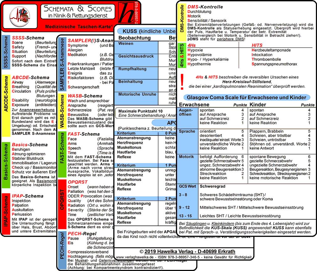 Vorderes Coverbild Schemata & Scores in Klinik & Rettungsdienst (2 Karten Set) - SSSS-Schema, ABCDE-Schema, Basics-Schema, IPAP-Schema, SAMPLER(!)S, WASB, FAST, OPQRST, PECH-Regel, DMS, 4Hs, HITS, GCS, KUSS, APGAR