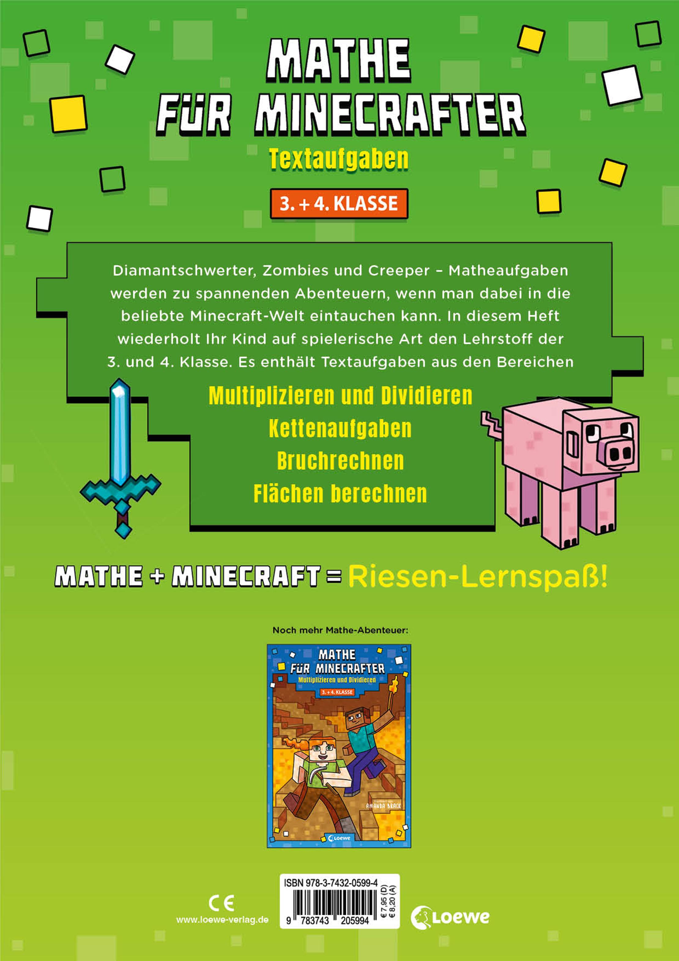Rückseitencover Mathe für Minecrafter - Textaufgaben 3. und  4. Klasse