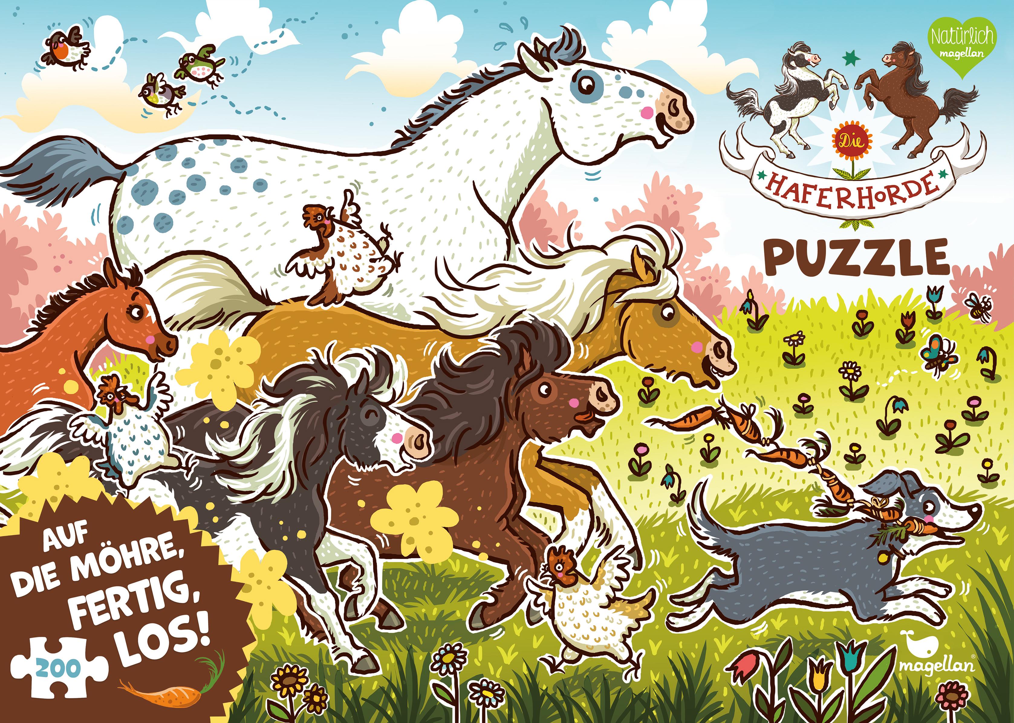 Vorderes Coverbild Die Haferhorde Puzzle - Auf die Möhre, fertig, los! 200 Teile