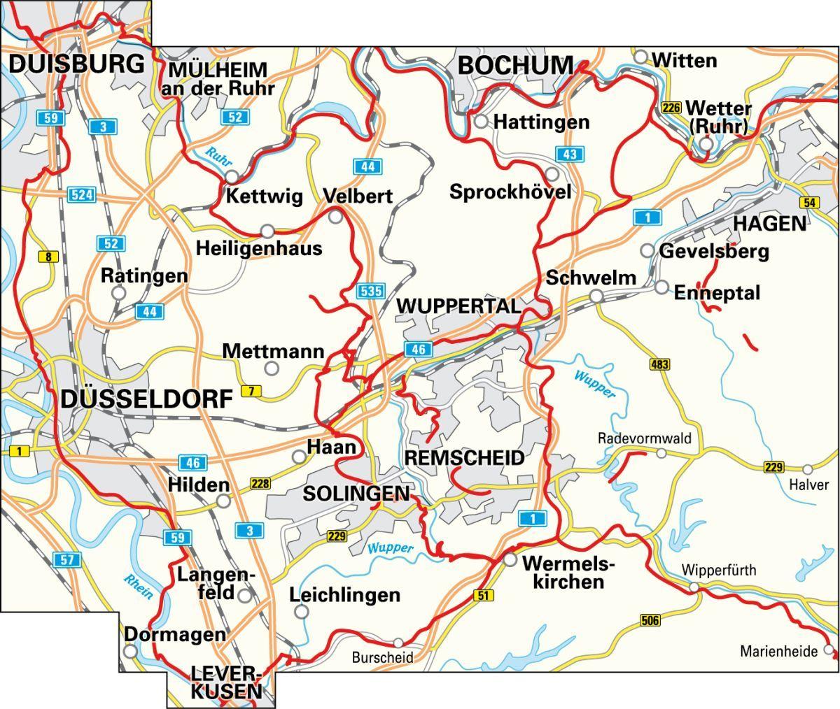 Beispielinhalt (Bild) Radwanderkarte BVA Die schönsten Radtouren in der Region Wuppertal, 1:50.000, reiß- und wetterfest, GPS-Tracks Download, E-Bike geeignet