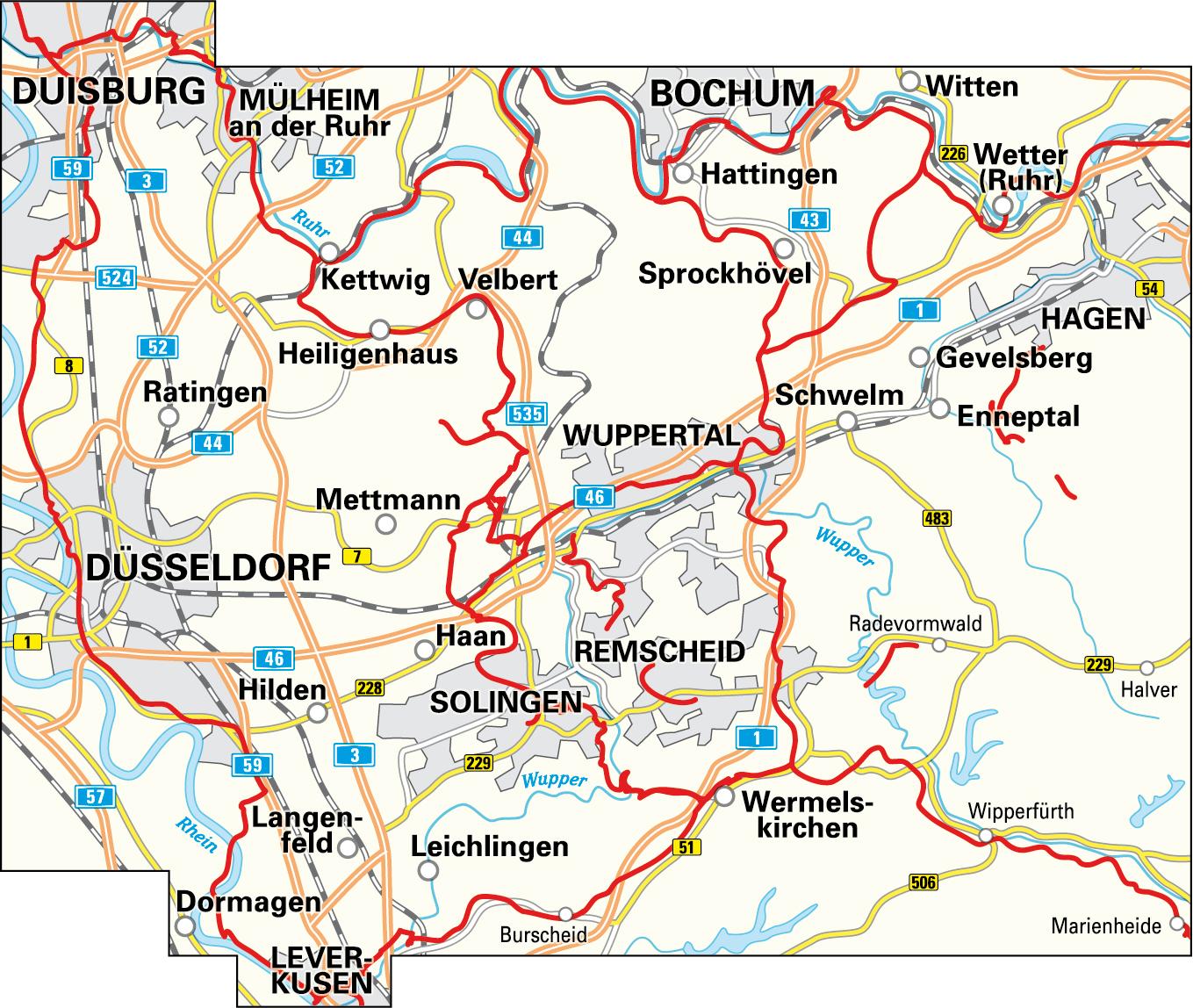 Rückseitencover Radwanderkarte BVA Die schönsten Radtouren in der Region Wuppertal, 1:50.000, reiß- und wetterfest, GPS-Tracks Download, E-Bike geeignet