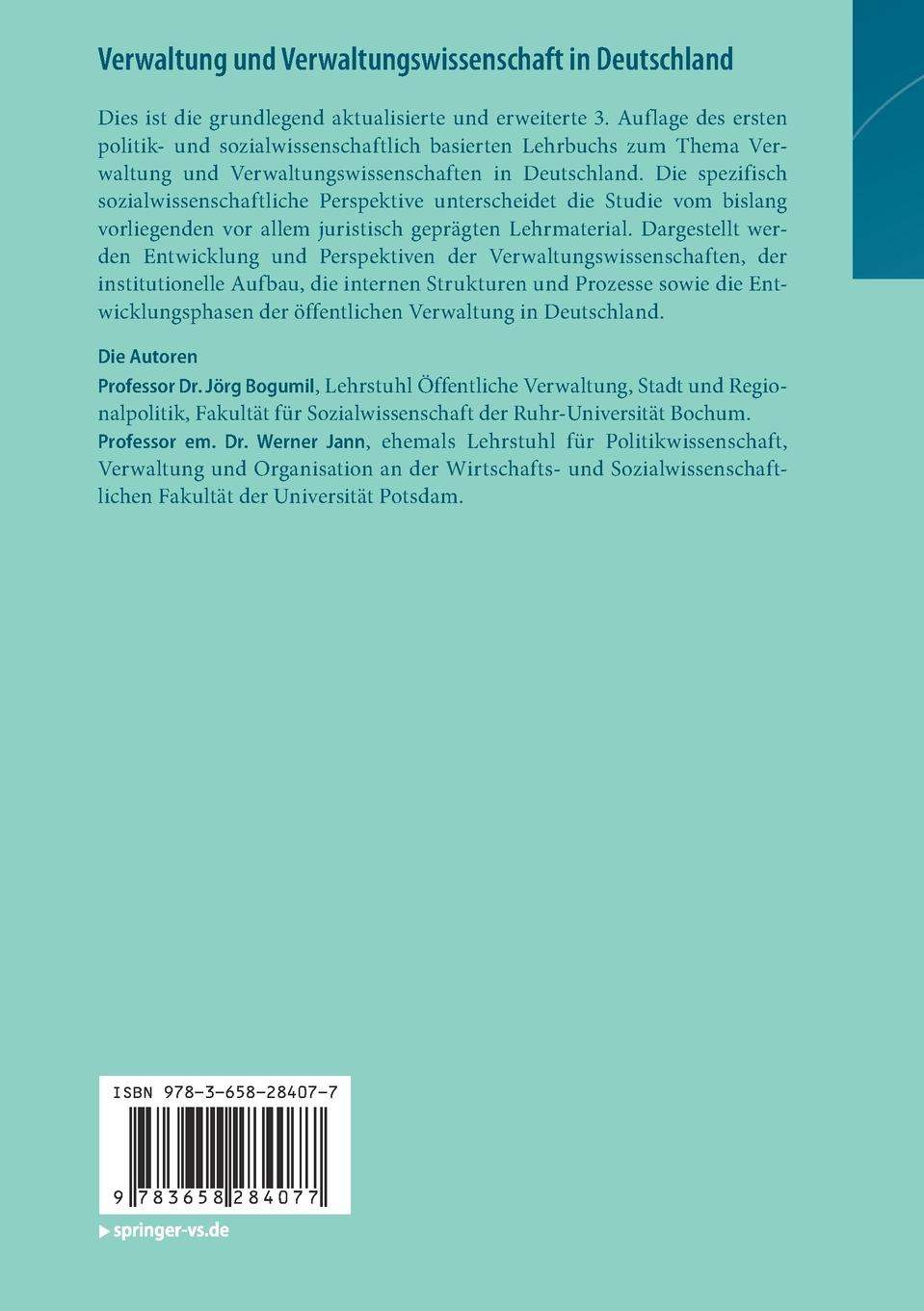 Rückseitencover Verwaltung und Verwaltungswissenschaft in Deutschland