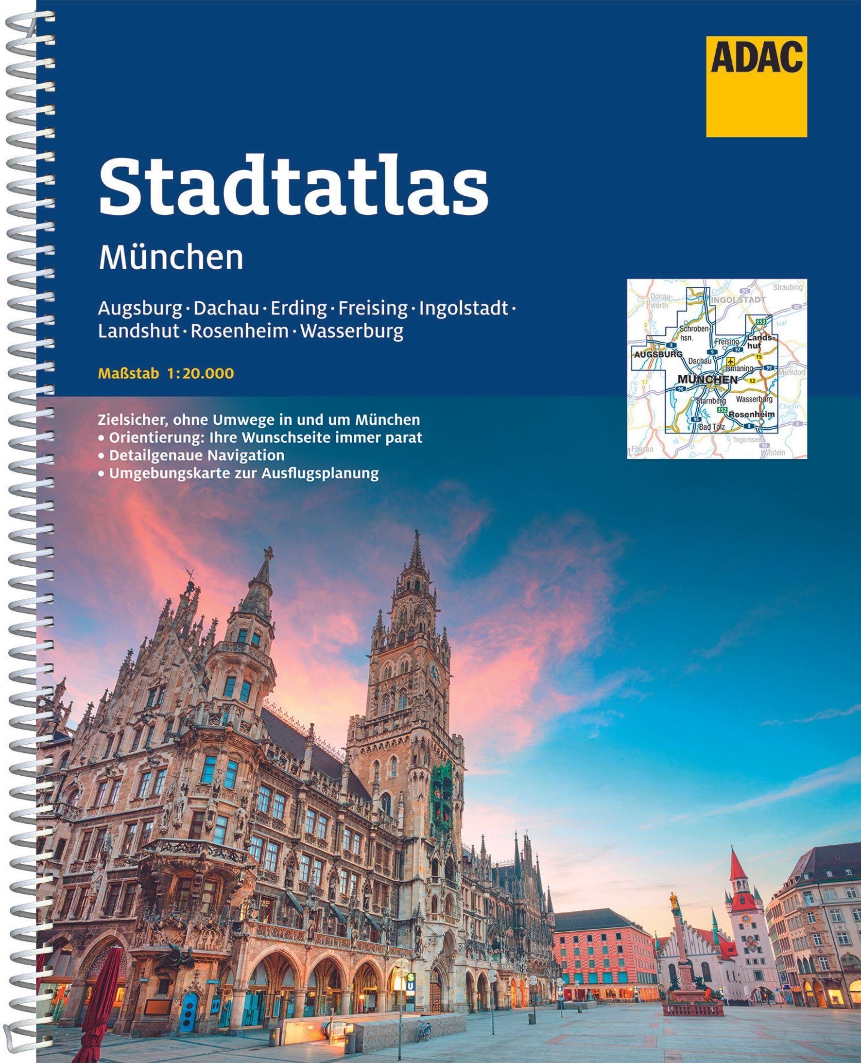 Vorderes Coverbild ADAC StadtAtlas München 1:20 000 mit Augsburg, Dachau, Erding, Freising