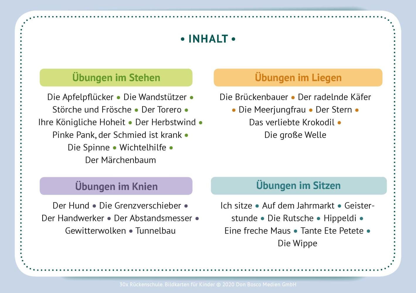 Beispielinhalt (Bild) 30 x Rückenschule. Bildkarten für Kinder