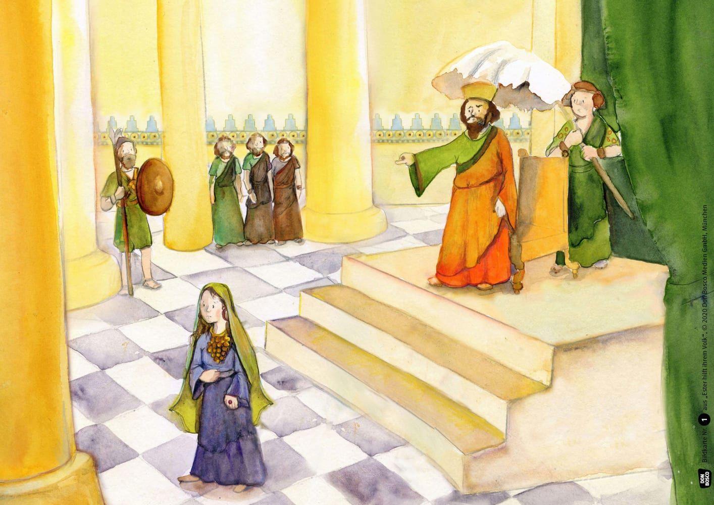 Beispielinhalt (Bild) Ester hilft ihrem Volk. Kamishibai Bildkartenset.