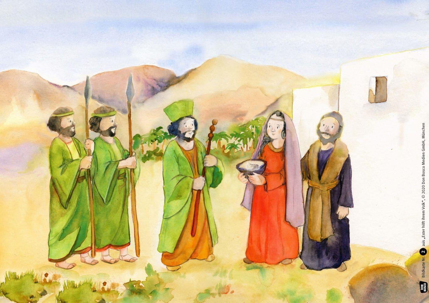 Beispielinhalt (Bild) Ester hilft ihrem Volk. Kamishibai Bildkartenset.