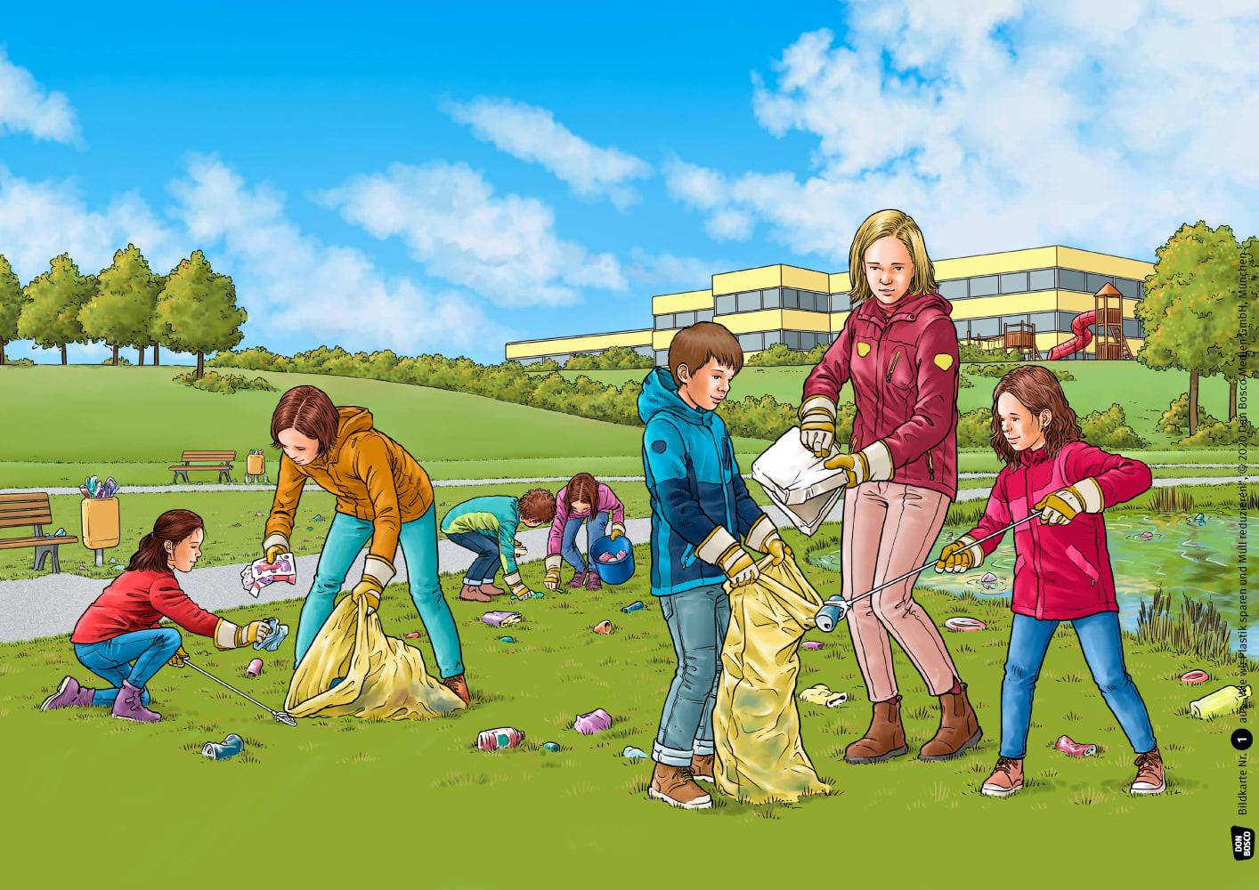 Beispielinhalt (Bild) Wie wir Plastik sparen und Müll reduzieren. Kamishibai Bildkartenset.
