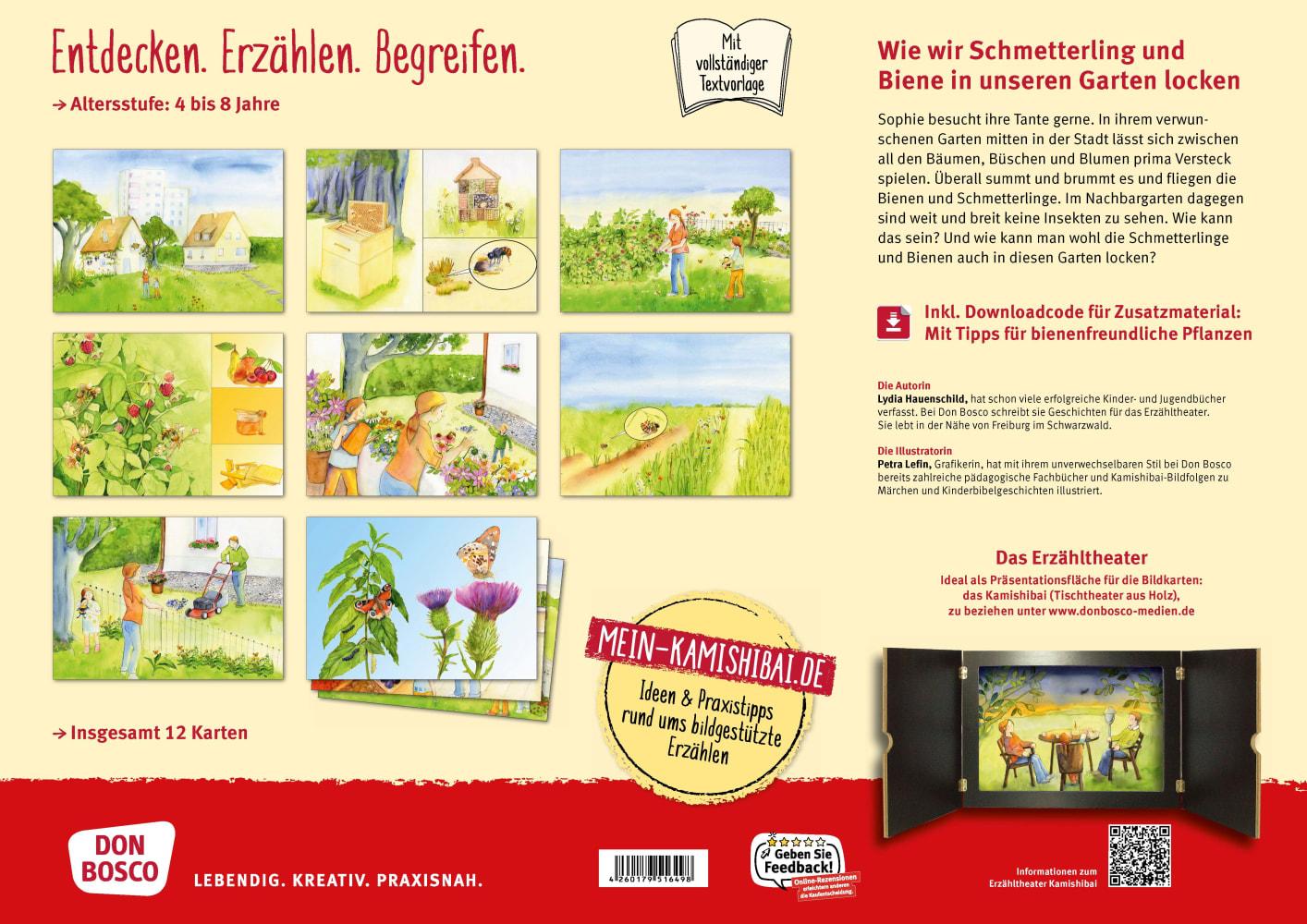 Beispielinhalt (Bild) Wie wir Schmetterling und Biene in unseren Garten locken. Kamishibai Bildkartenset