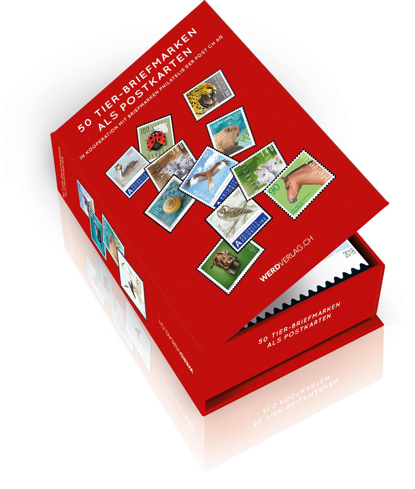 Vorderes Coverbild Postkartenbox 50 Tier-Briefmarken als Postkarten