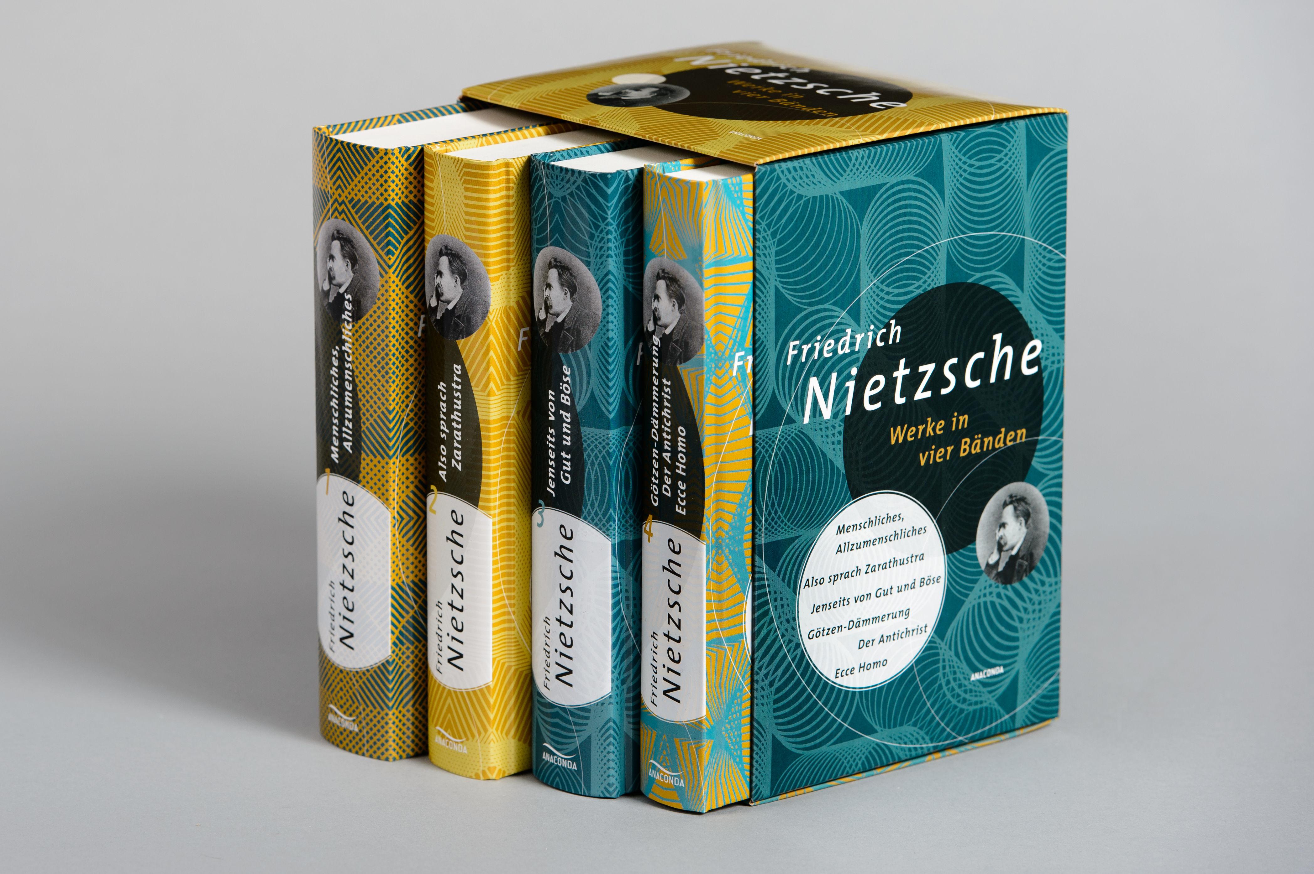 Beispielinhalt (Bild) Friedrich Nietzsche, Werke in vier Bänden (Menschliches, Allzu Menschliches - Also sprach Zarathustra - Jenseits von Gut und Böse - Götzendämmerung/Der Antichrist/Ecce Homo) (4 Bände im Schuber)