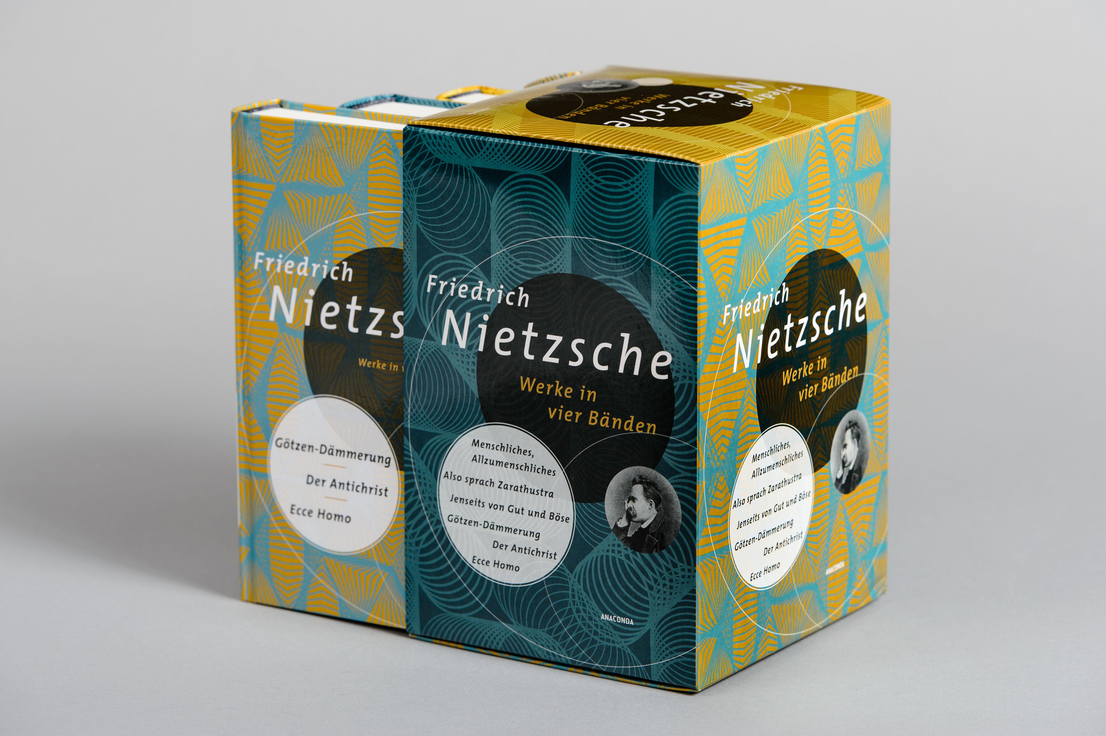 Beispielinhalt (Bild) Friedrich Nietzsche, Werke in vier Bänden (Menschliches, Allzu Menschliches - Also sprach Zarathustra - Jenseits von Gut und Böse - Götzendämmerung/Der Antichrist/Ecce Homo) (4 Bände im Schuber)