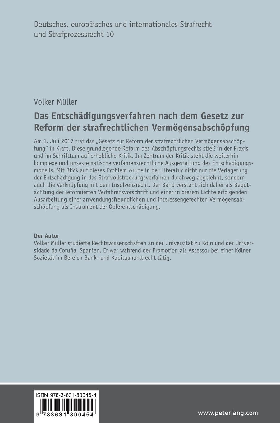 Rückseitencover Das Entschädigungsverfahren nach dem Gesetz zur Reform der strafrechtlichen Vermögensabschöpfung
