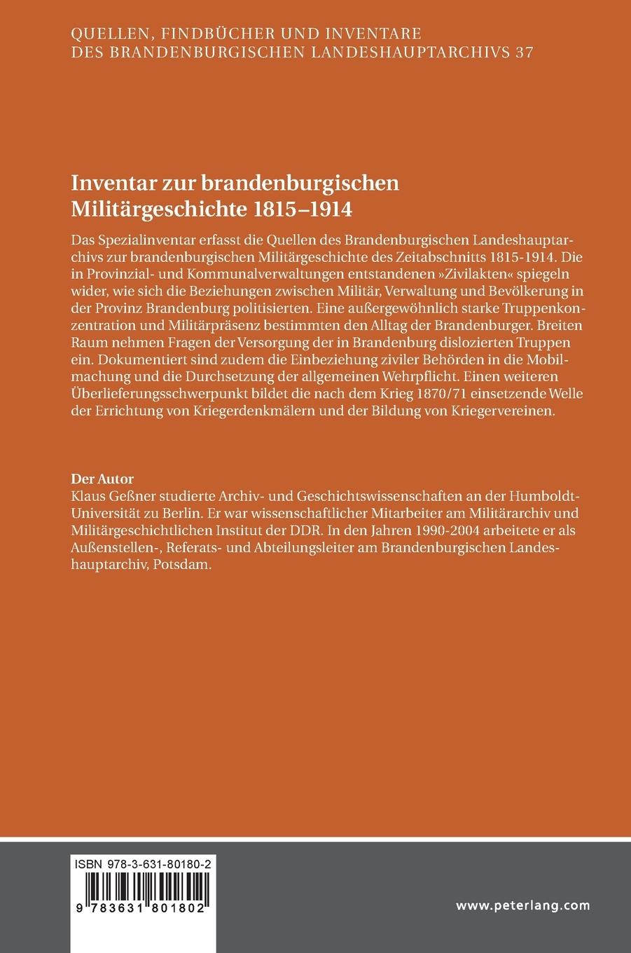 Rückseitencover Inventar zur brandenburgischen Militärgeschichte 1815-1914