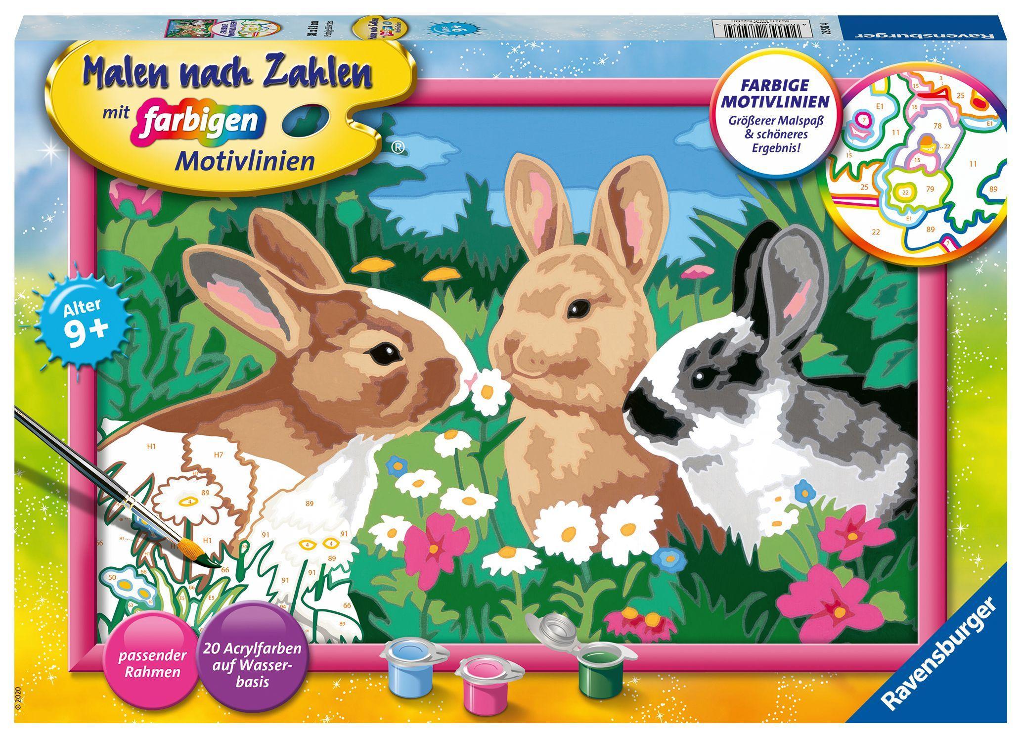 Vorderes Coverbild Ravensburger Malen nach Zahlen 28517 - Putzige Häschen - Kinder ab 9 Jahren