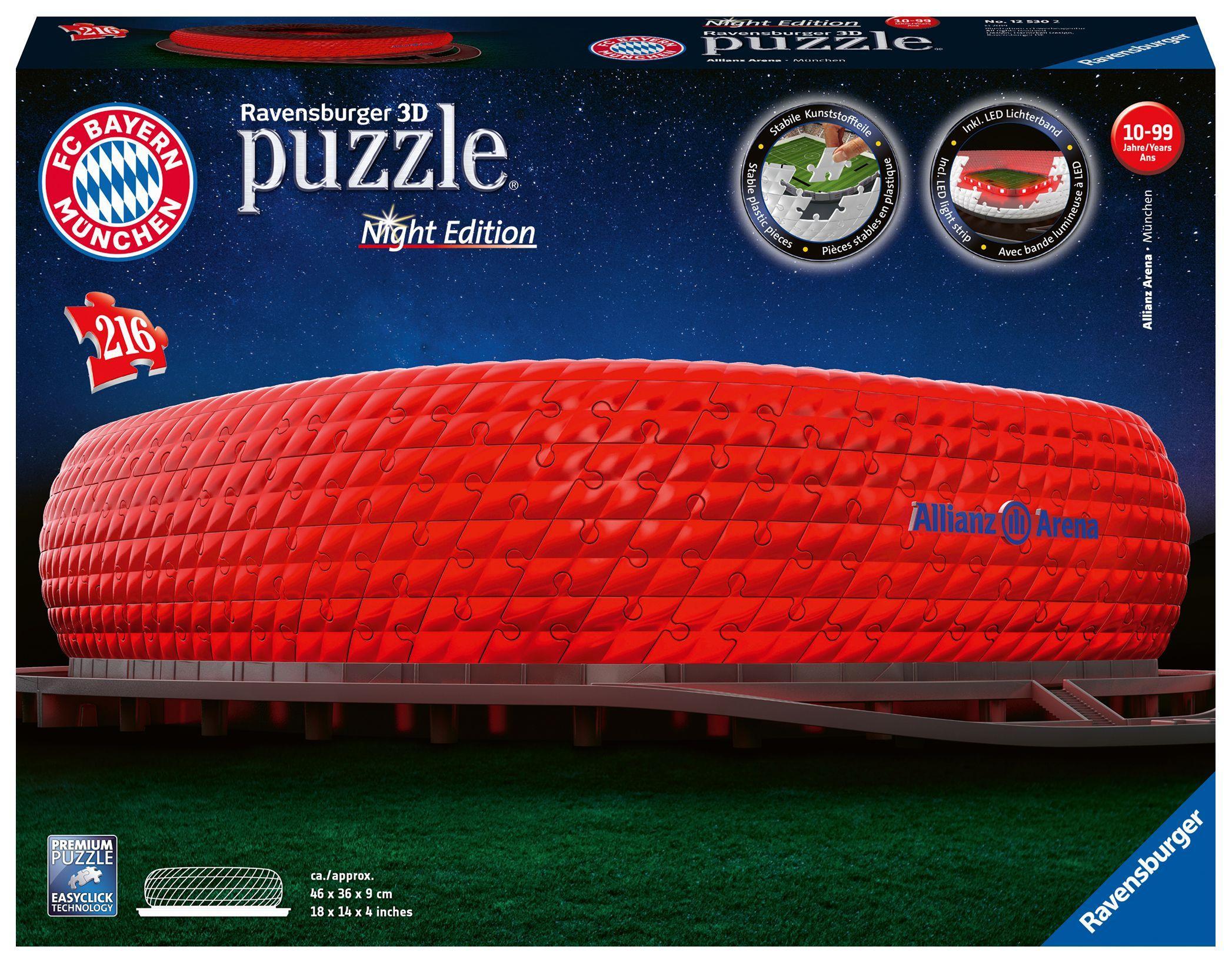 Vorderes Coverbild Ravensburger 3D Puzzle Allianz Arena bei Nacht 12530 - Bayern München Fanartikel - leuchtet im Dunkeln