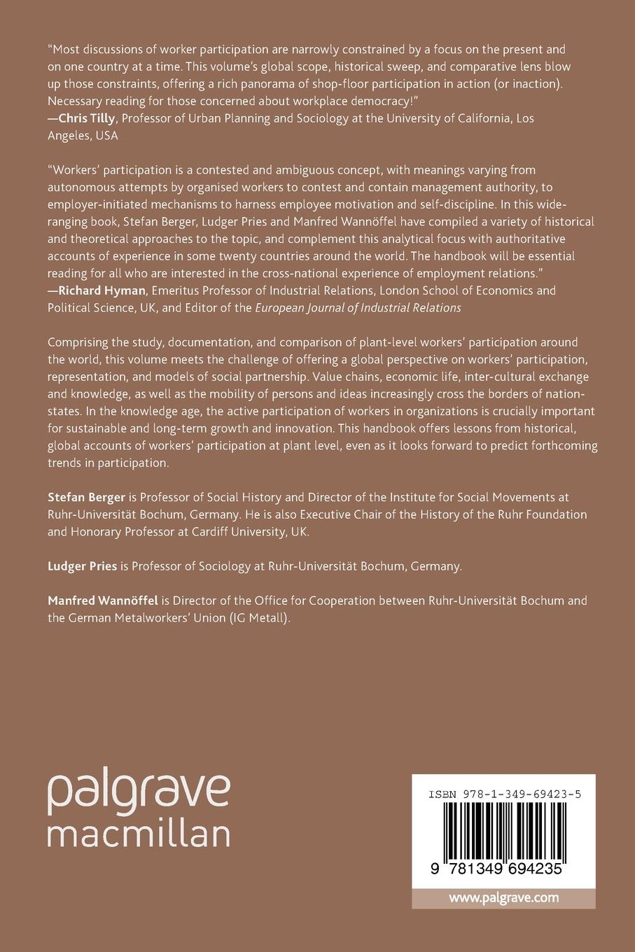 Rückseitencover The Palgrave Handbook of Workers' Participation at Plant Level