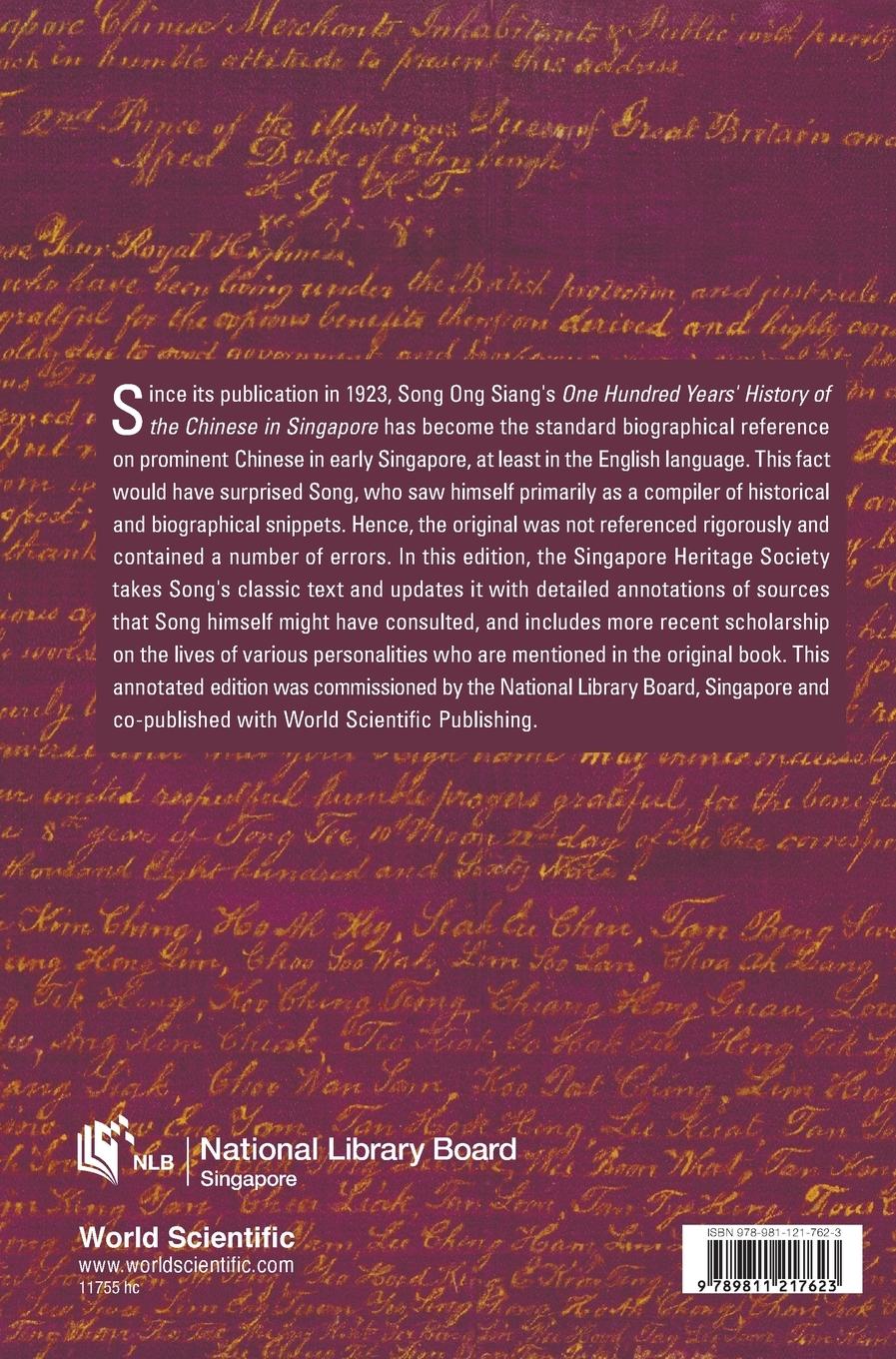 Rückseitencover ONE HUNDRED YEARS' HISTORY OF THE CHINESE IN SINGAPORE