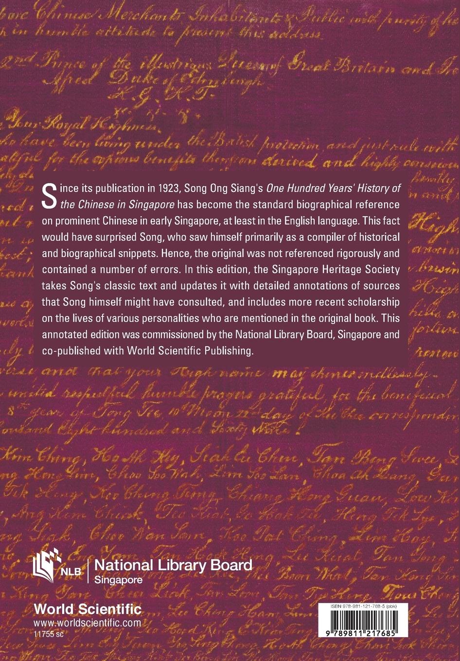 Rückseitencover ONE HUNDRED YEARS' HISTORY OF THE CHINESE IN SINGAPORE