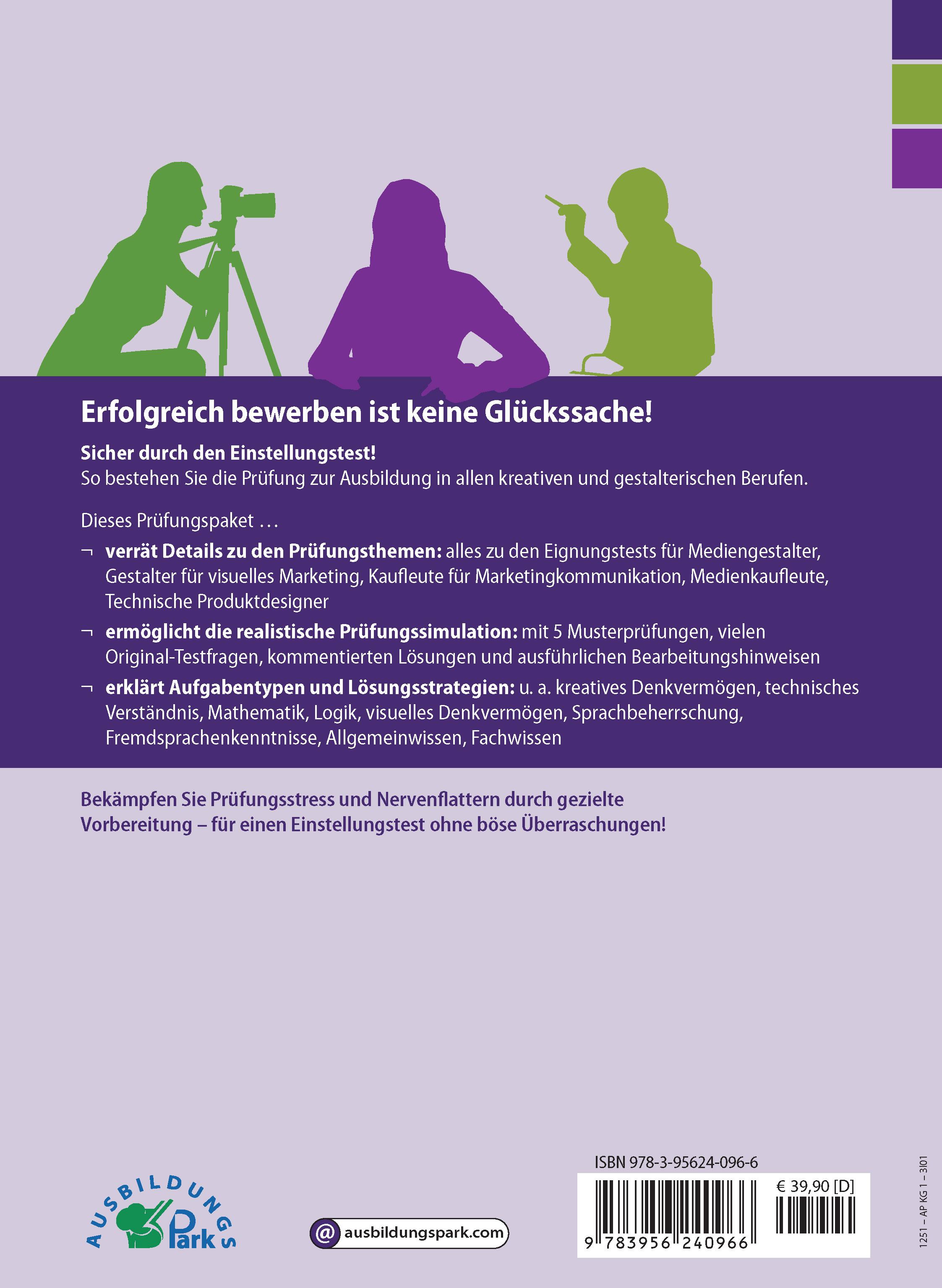 Rückseitencover Der Einstellungstest / Eignungstest zur Ausbildung: Mediengestalter, Gestalter für visuelles Marketing, Kaufmann für Marketingkommunikation, Medienkaufmann, Technischer Produktdesigner