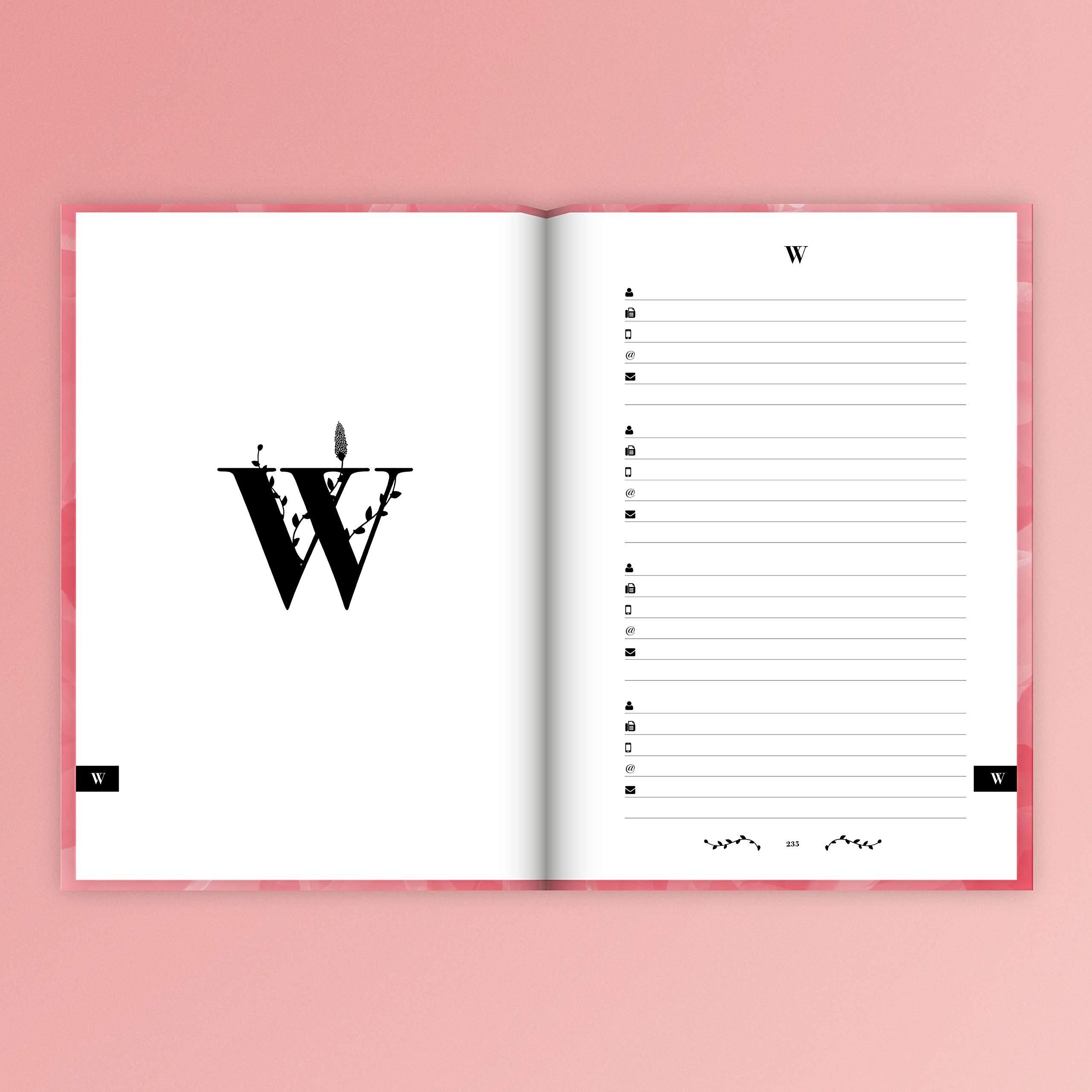 Beispielinhalt (Bild) Adressbuch mit Geburtstagskalender | Kontaktbuch in DIN A5| Telefonregister & Adressbuch mit Telefonnummer, Adresse, E-Mail | Telefonbuch rosa