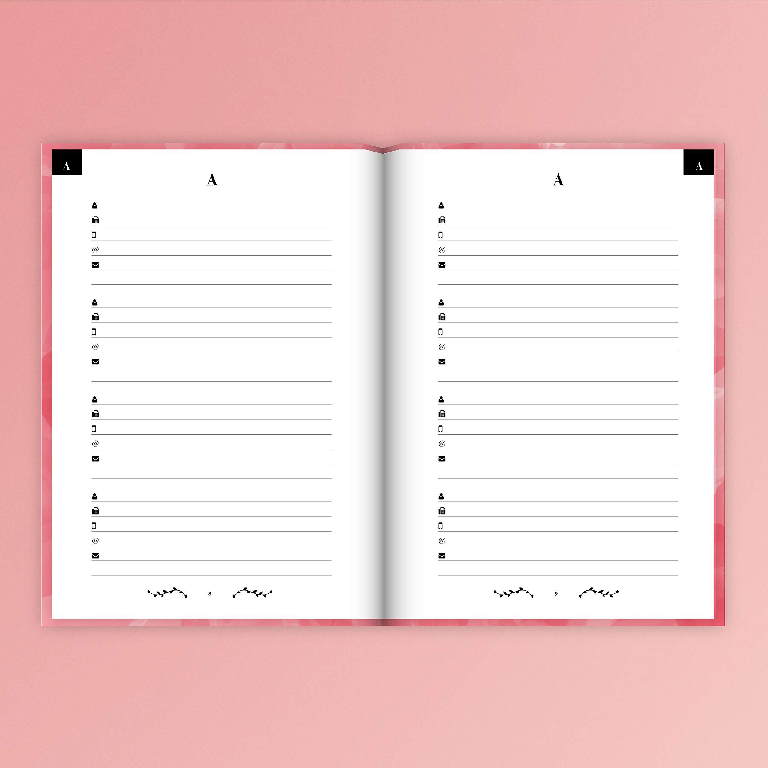 Beispielinhalt (Bild) Adressbuch mit Geburtstagskalender | Kontaktbuch in DIN A5| Telefonregister & Adressbuch mit Telefonnummer, Adresse, E-Mail | Telefonbuch rosa