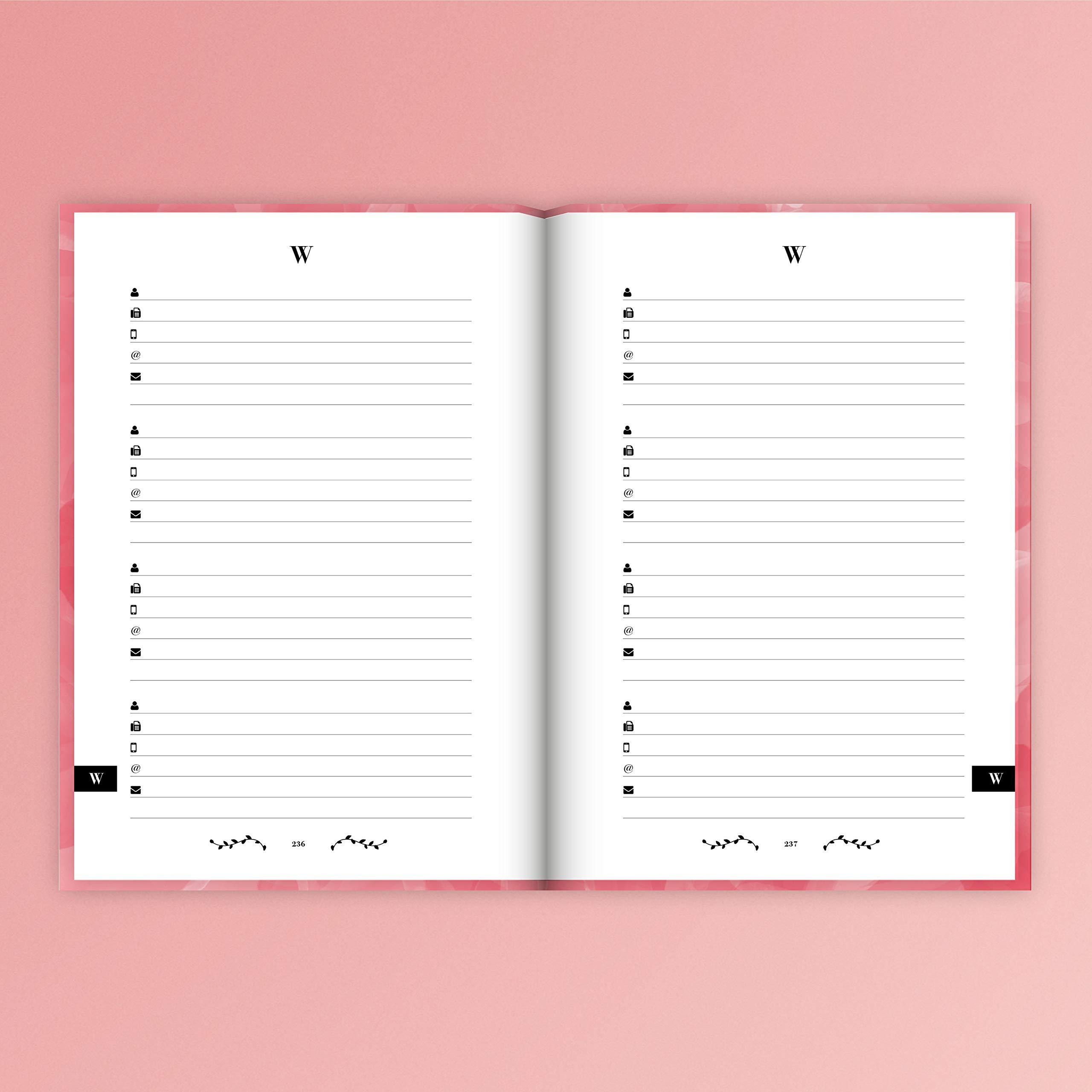 Beispielinhalt (Bild) Adressbuch mit Geburtstagskalender | Kontaktbuch in DIN A5| Telefonregister & Adressbuch mit Telefonnummer, Adresse, E-Mail | Telefonbuch rosa