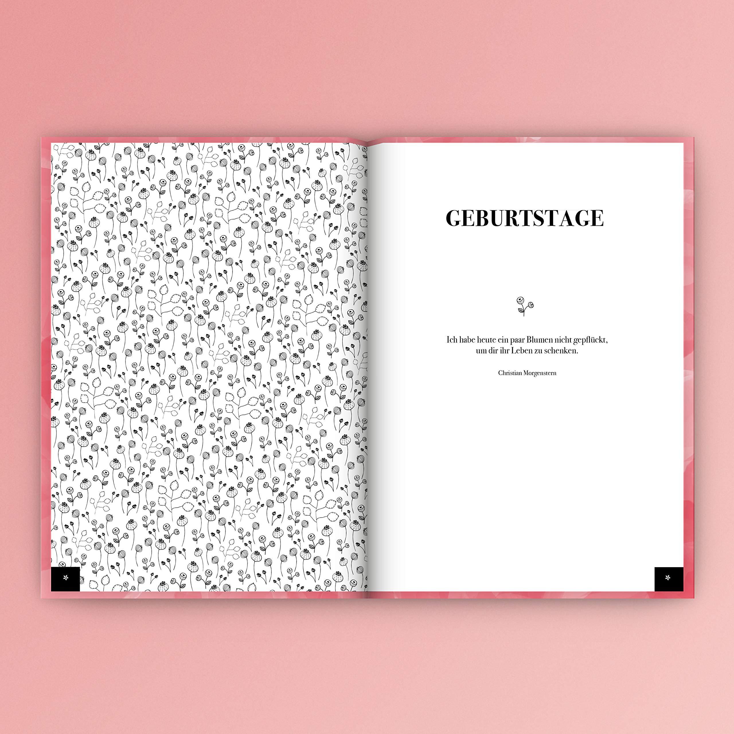 Beispielinhalt (Bild) Adressbuch mit Geburtstagskalender | Kontaktbuch in DIN A5| Telefonregister & Adressbuch mit Telefonnummer, Adresse, E-Mail | Telefonbuch rosa