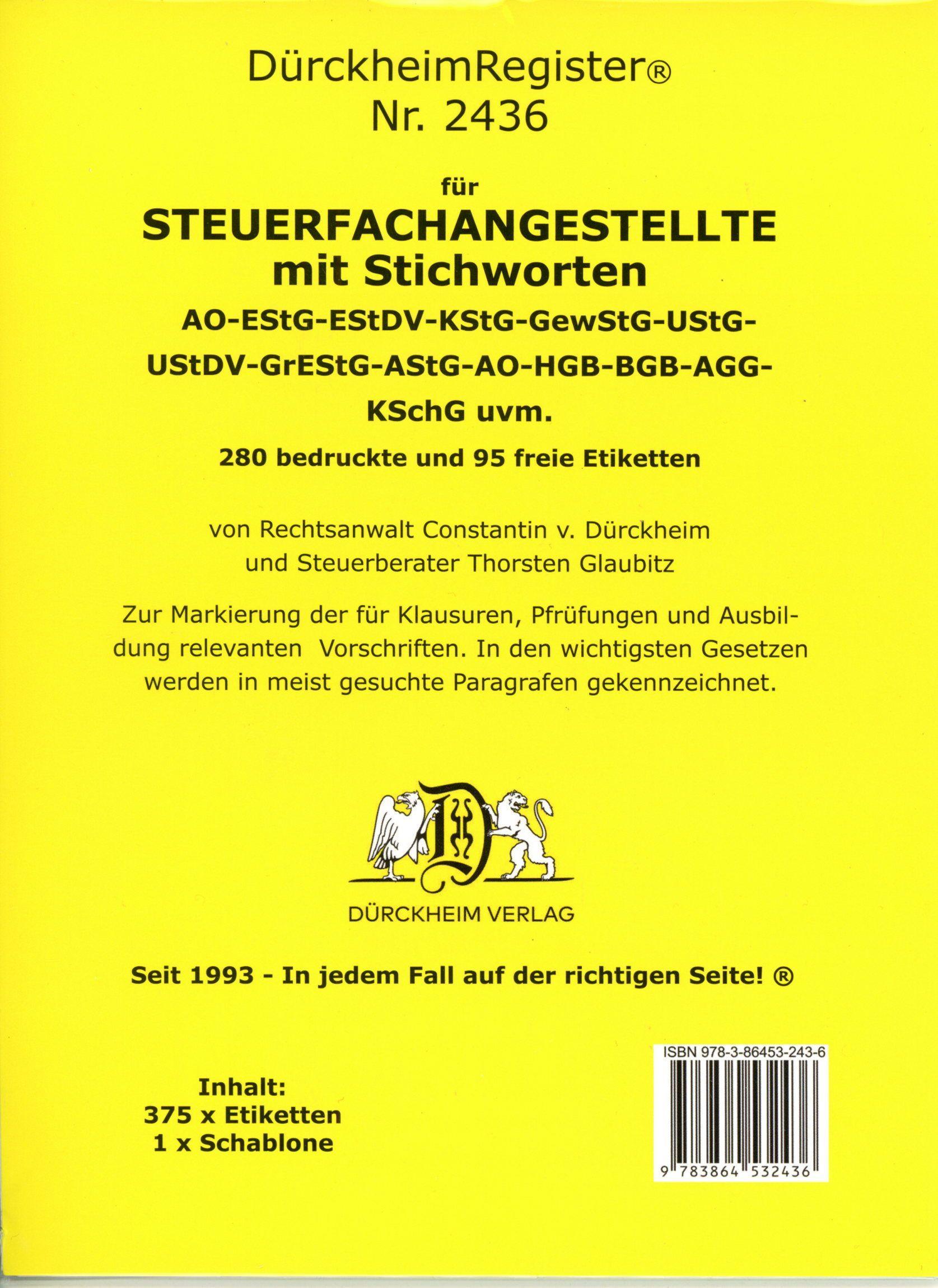 Vorderes Coverbild DürckheimRegister® STEUERFACHANGESTELLTE mit Stichworten Nr. 2436