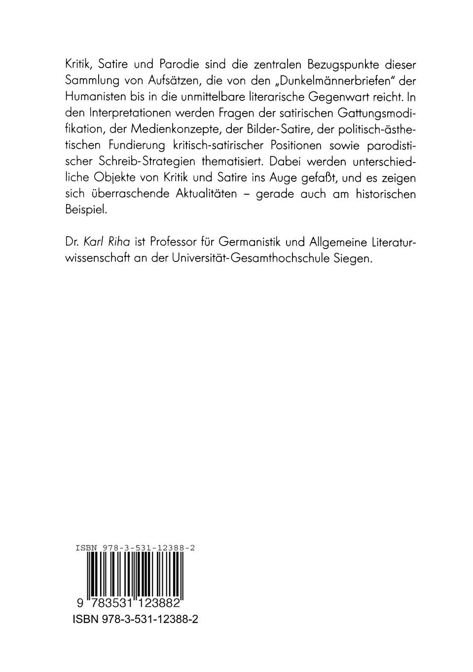 Rückseitencover Kritik, Satire, Parodie