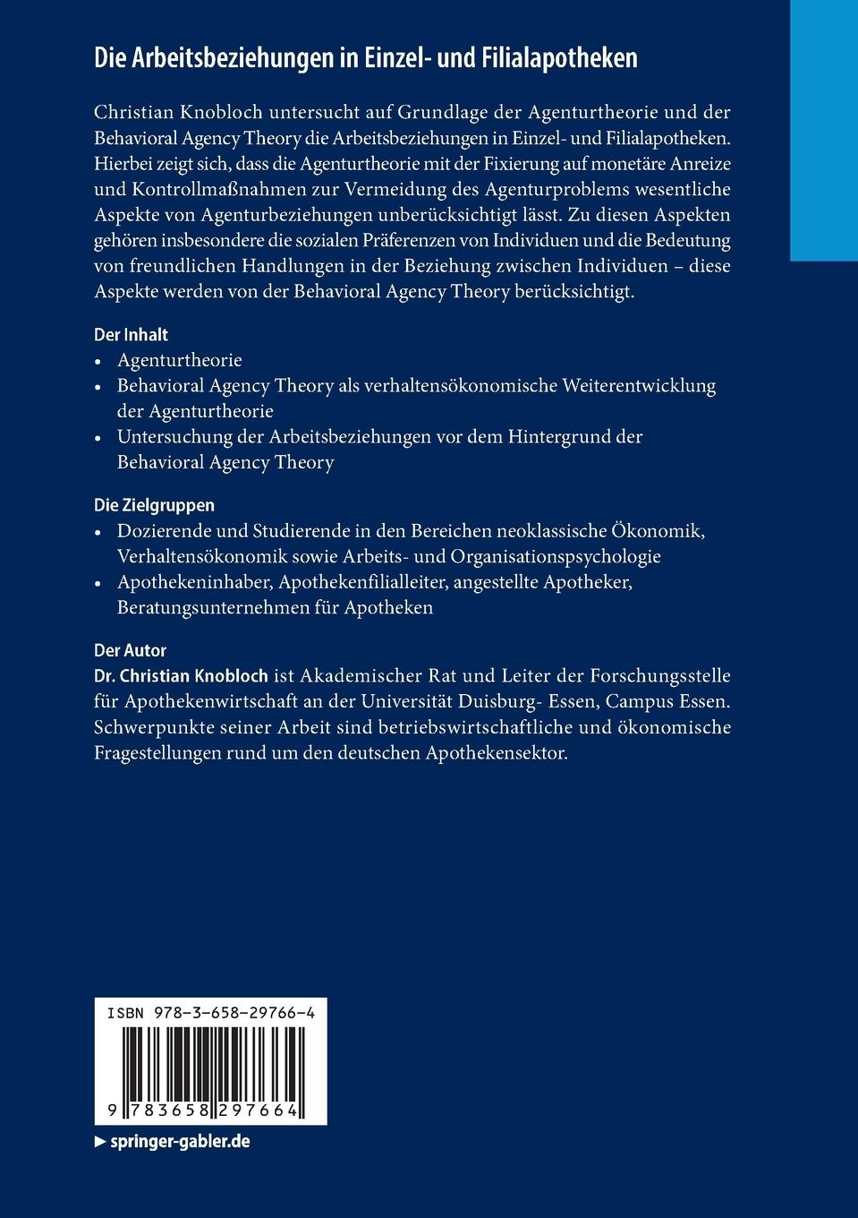 Rückseitencover Die Arbeitsbeziehungen in Einzel- und Filialapotheken