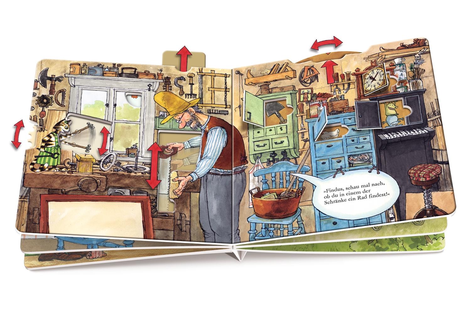 Beispielinhalt (Bild) Pettersson und Findus bauen ein Auto