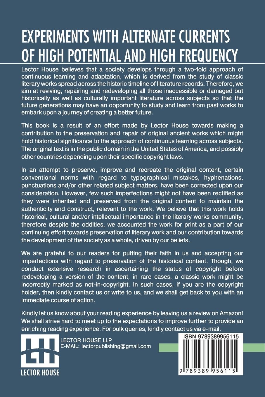 Rückseitencover Experiments With Alternate Currents Of High Potential And High Frequency