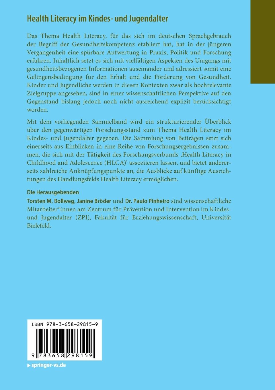 Rückseitencover Health Literacy im Kindes- und Jugendalter