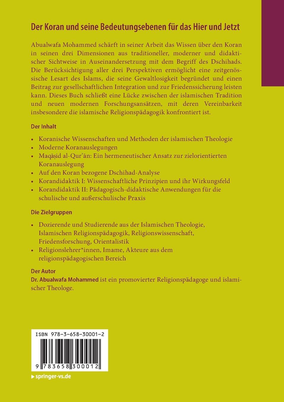 Rückseitencover Der Koran und seine Bedeutungsebenen für das Hier und Jetzt