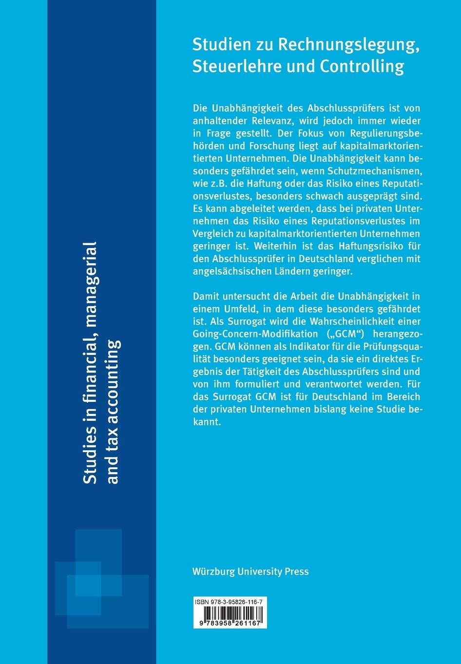 Rückseitencover Die Unabhängigkeit des Abschlussprüfers bei privaten Unternehmen in Deutschland