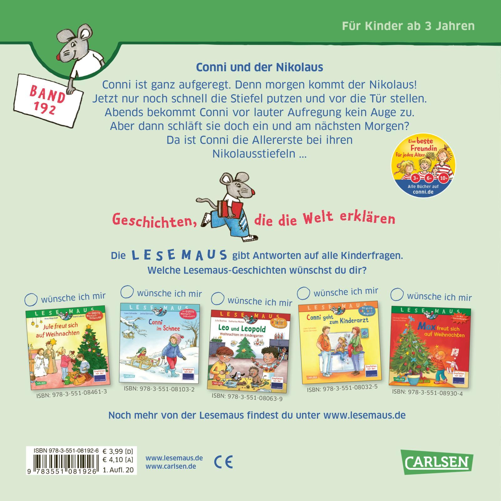 Rückseitencover LESEMAUS 192: Conni und der Nikolaus
