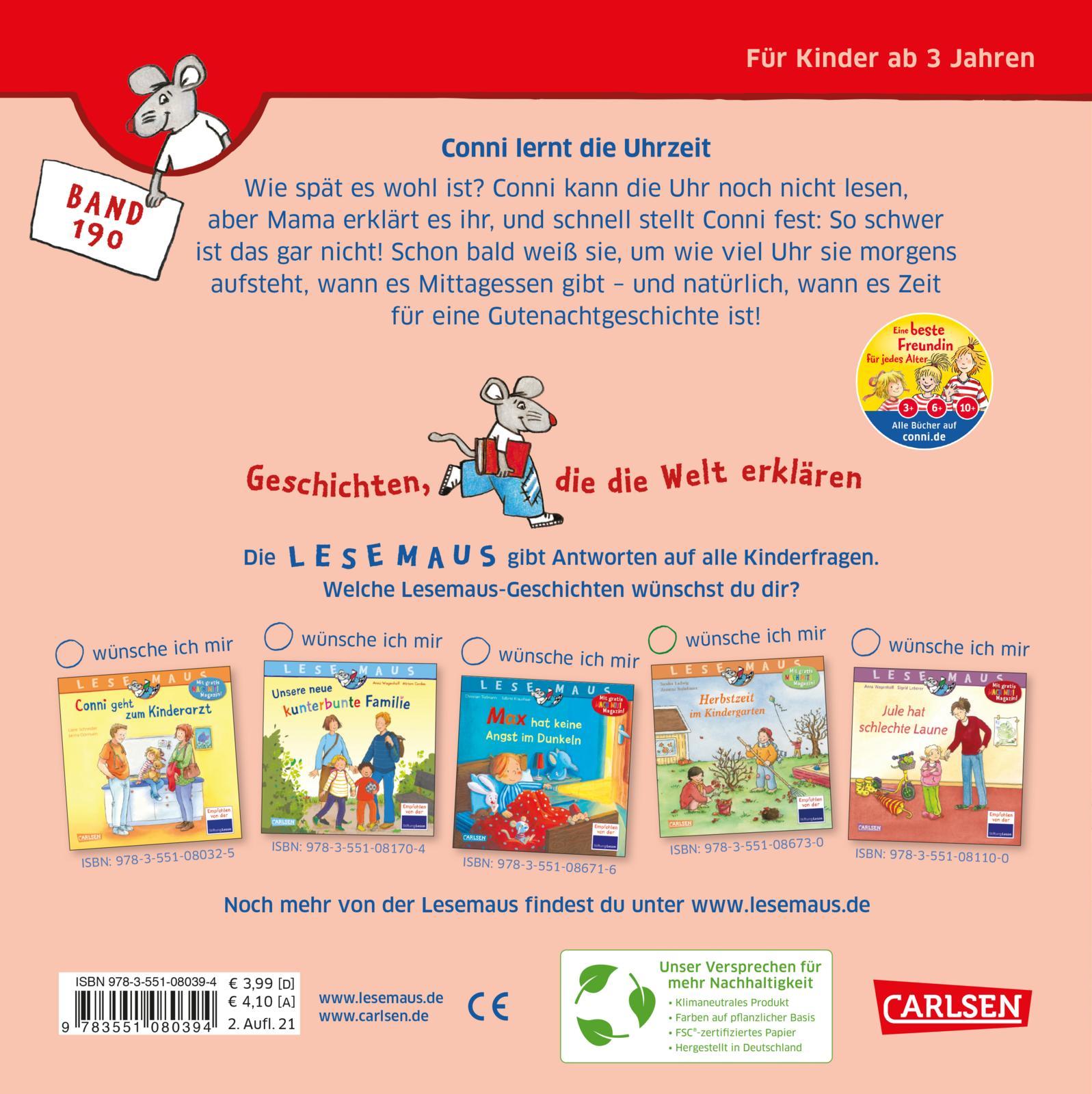 Rückseitencover LESEMAUS 190: Conni lernt die Uhrzeit