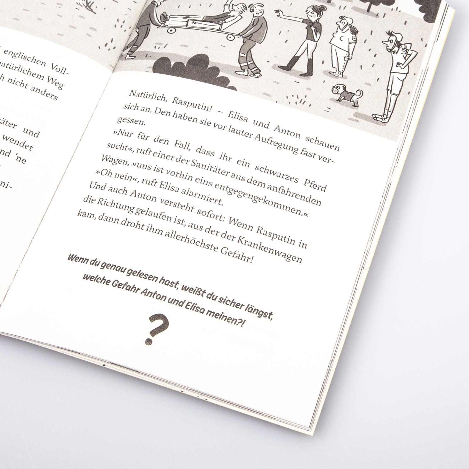 Beispielinhalt (Bild) Ein Fall für das Tandem: Der schwarze Rasputin, Rätselkrimi ab 9 Jahren (Detektivgeschichte mit Wimmel-, Such- und Denkrätseln zum Knobeln und Lösen des Falls)