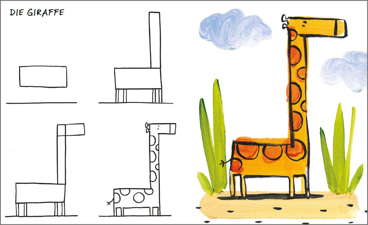 Beispielinhalt (Bild) All die schönen Tiere zeichnen. Ganz einfach in vier Schritten. Eine Zeichenschule für Kinder ab 5 Jahren. Für Buntstifte, Wachsmalstifte, Filzstifte oder Wasserfarben