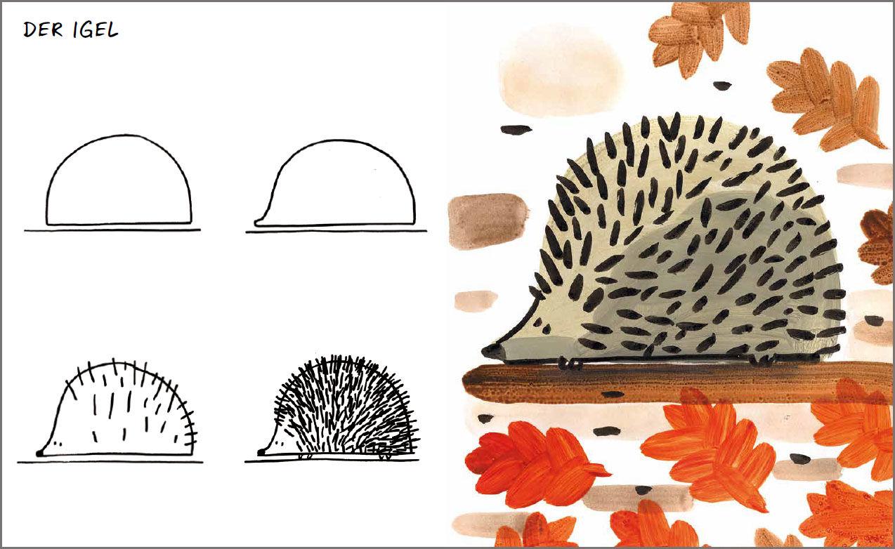 Beispielinhalt (Bild) All die schönen Tiere zeichnen. Ganz einfach in vier Schritten. Eine Zeichenschule für Kinder ab 5 Jahren. Für Buntstifte, Wachsmalstifte, Filzstifte oder Wasserfarben