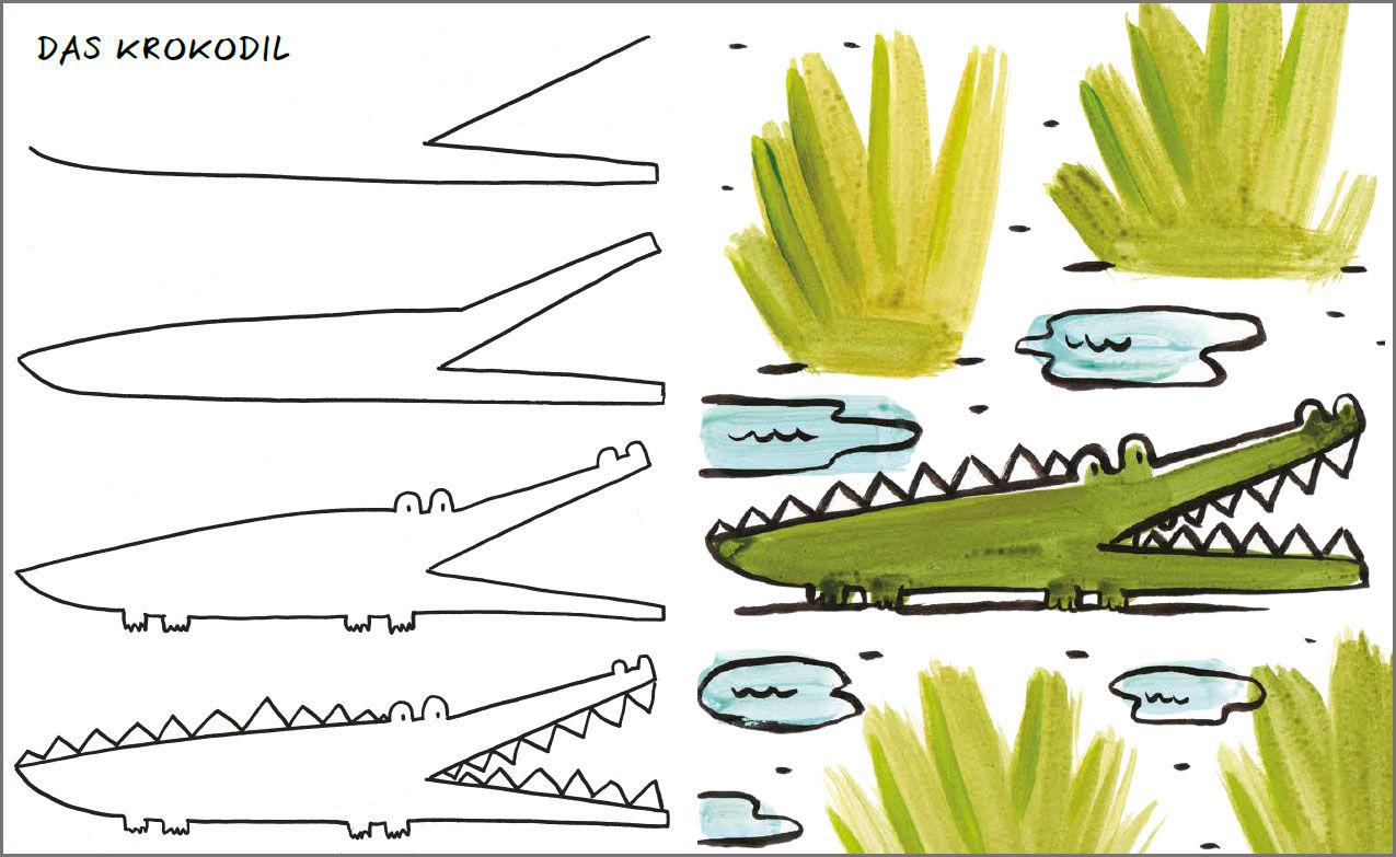 Beispielinhalt (Bild) All die schönen Tiere zeichnen. Ganz einfach in vier Schritten. Eine Zeichenschule für Kinder ab 5 Jahren. Für Buntstifte, Wachsmalstifte, Filzstifte oder Wasserfarben