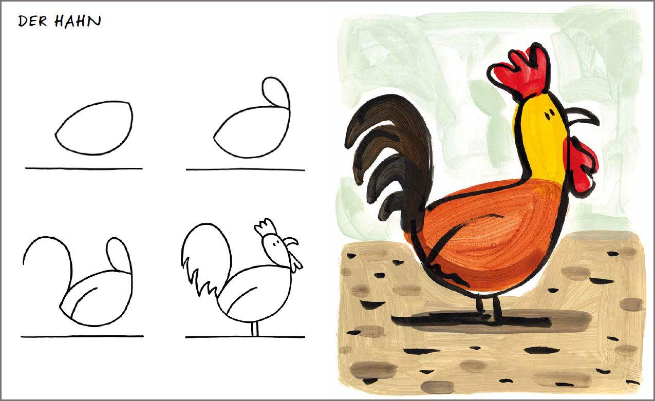 Beispielinhalt (Bild) All die schönen Tiere zeichnen. Ganz einfach in vier Schritten. Eine Zeichenschule für Kinder ab 5 Jahren. Für Buntstifte, Wachsmalstifte, Filzstifte oder Wasserfarben