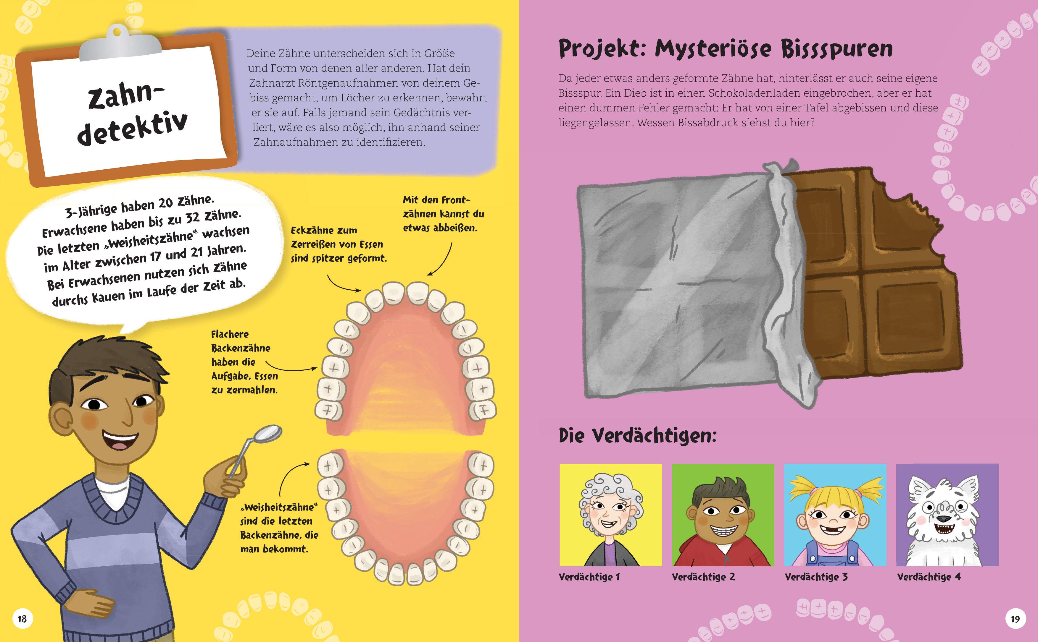 Beispielinhalt (Bild) Finde den Verbrecher! Spurensuche mit wissenschaftlichen Methoden. Für junge Detektive ab 8 Jahren. Spannende Fakten, Rätsel, Experimente und Beispiele aus Kriminalistik und Forensik.